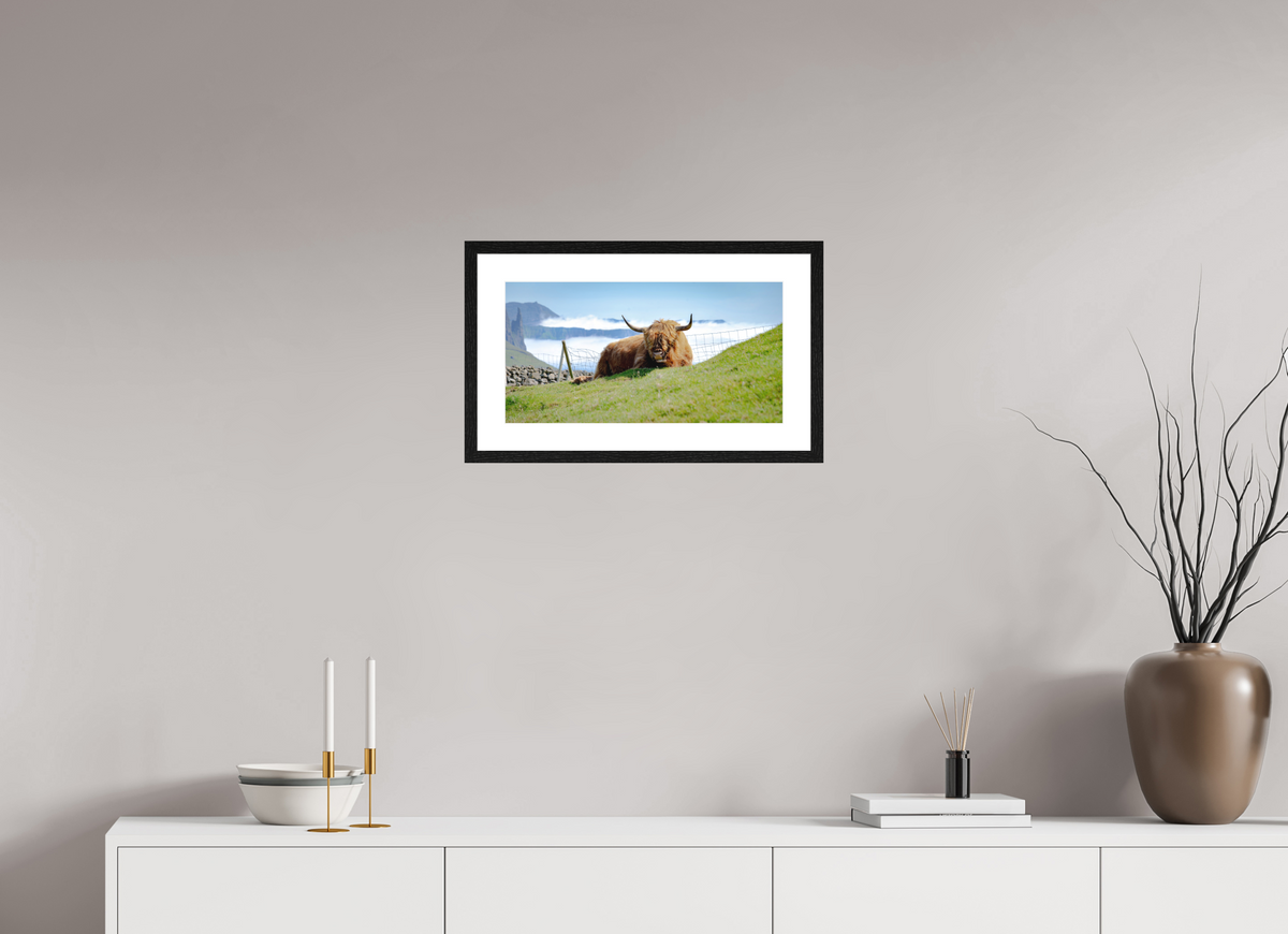 48.2 x 25 cm, Smooth Natural Paper Print with Frame Highland Cow of the Faroe Islands