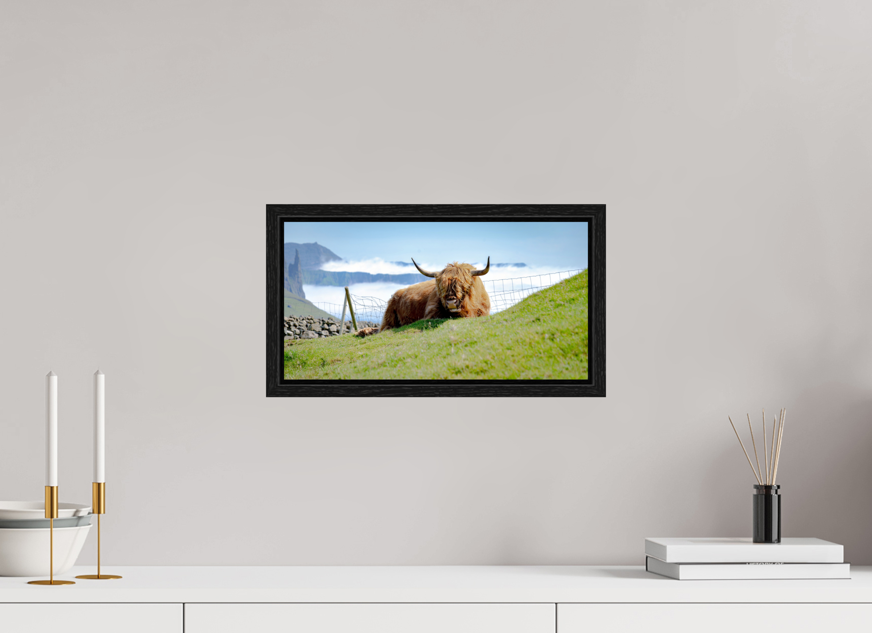 38.6 x 20 cm, Floater Frame Highland Cow of the Faroe Islands