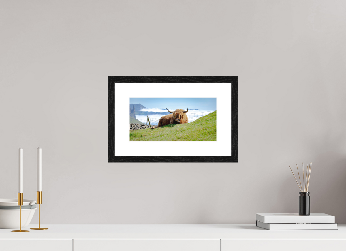 28.9 x 15 cm, Smooth Natural Paper Print with Frame Highland Cow of the Faroe Islands