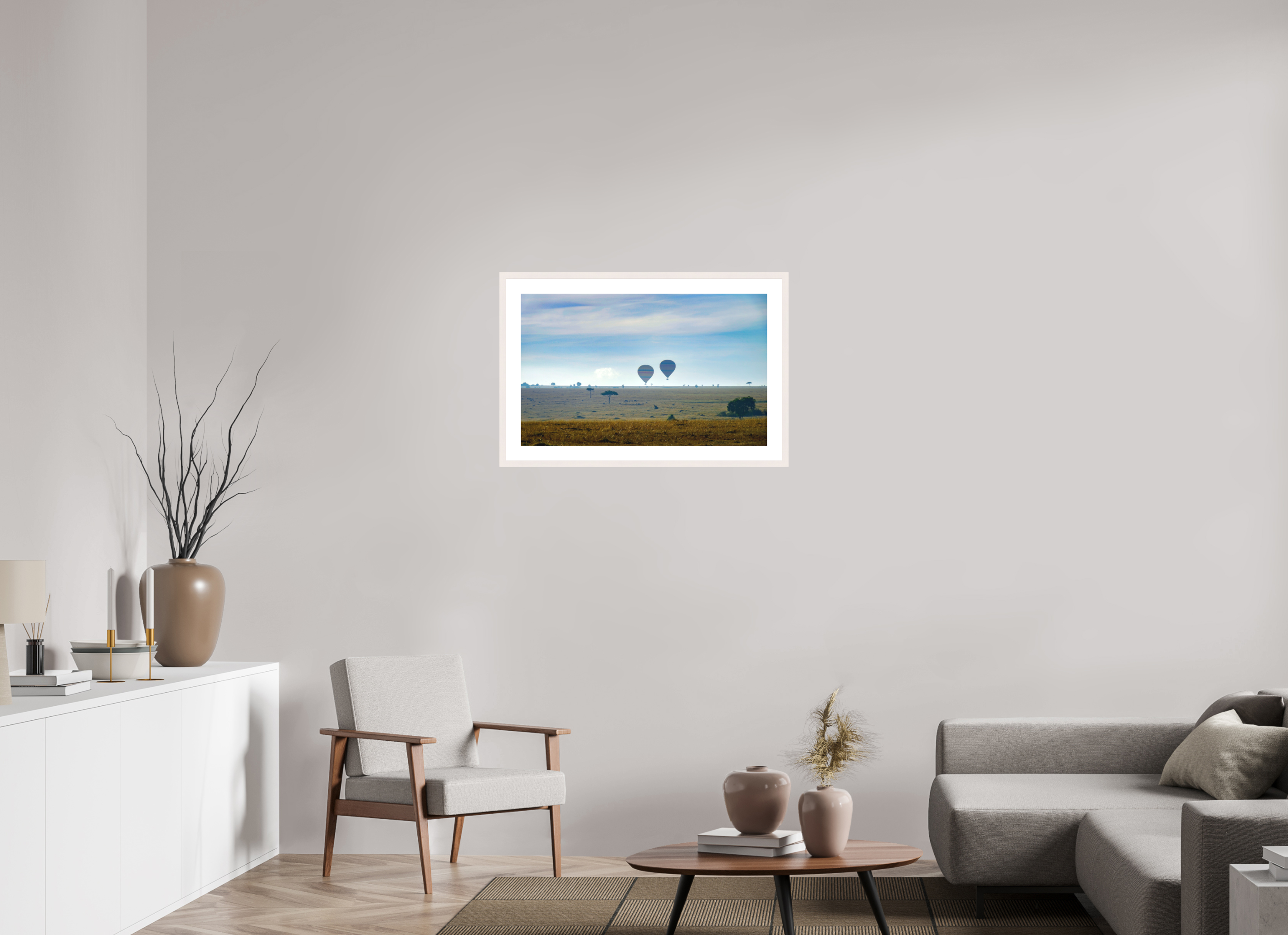 80.4 x 50 cm, Solid Wood Frame with Passe Partout Hot-air Balloons over the Masai Mara - Kenya