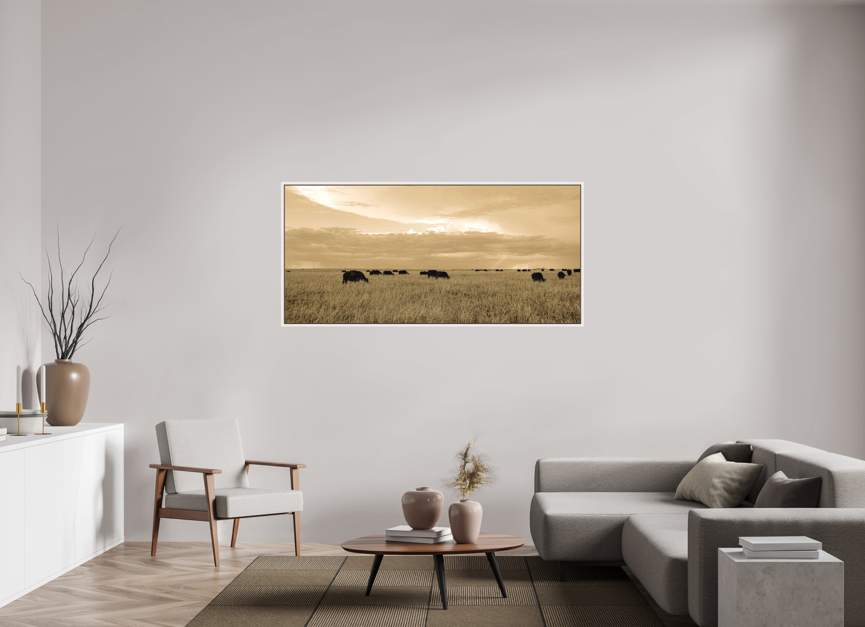 173.2 x 80 cm, Matte Canvas 15 mm Frame Grazing Herd of African Buffalo, Masai Mara, Kenya