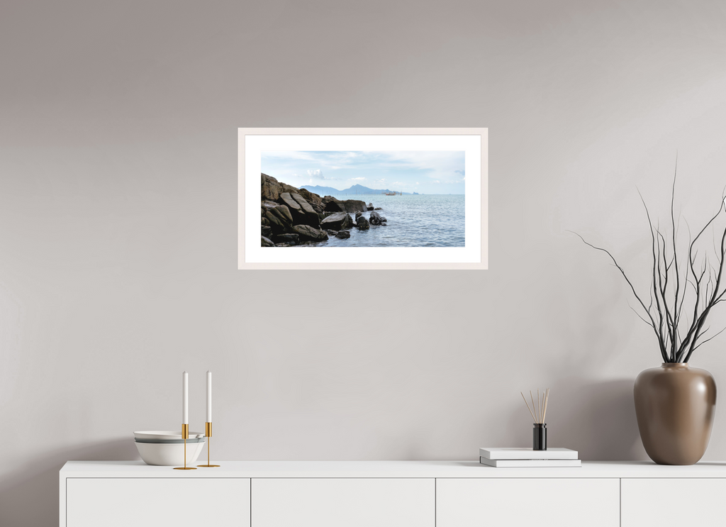 62.6 x 30 cm, Solid Wood Frame with Passe Partout Black Rocks