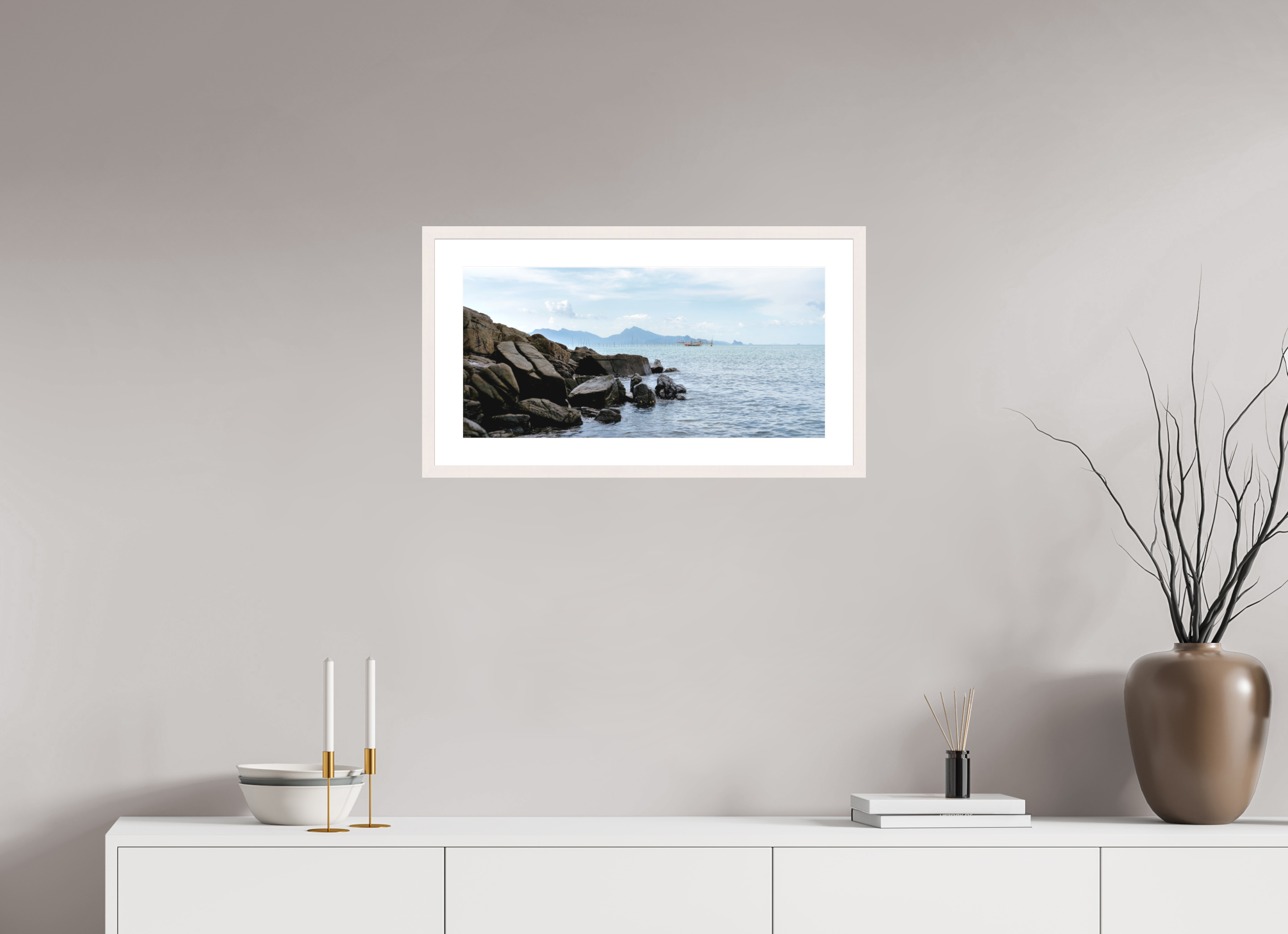 62.6 x 30 cm, Solid Wood Frame with Passe Partout Black Rocks