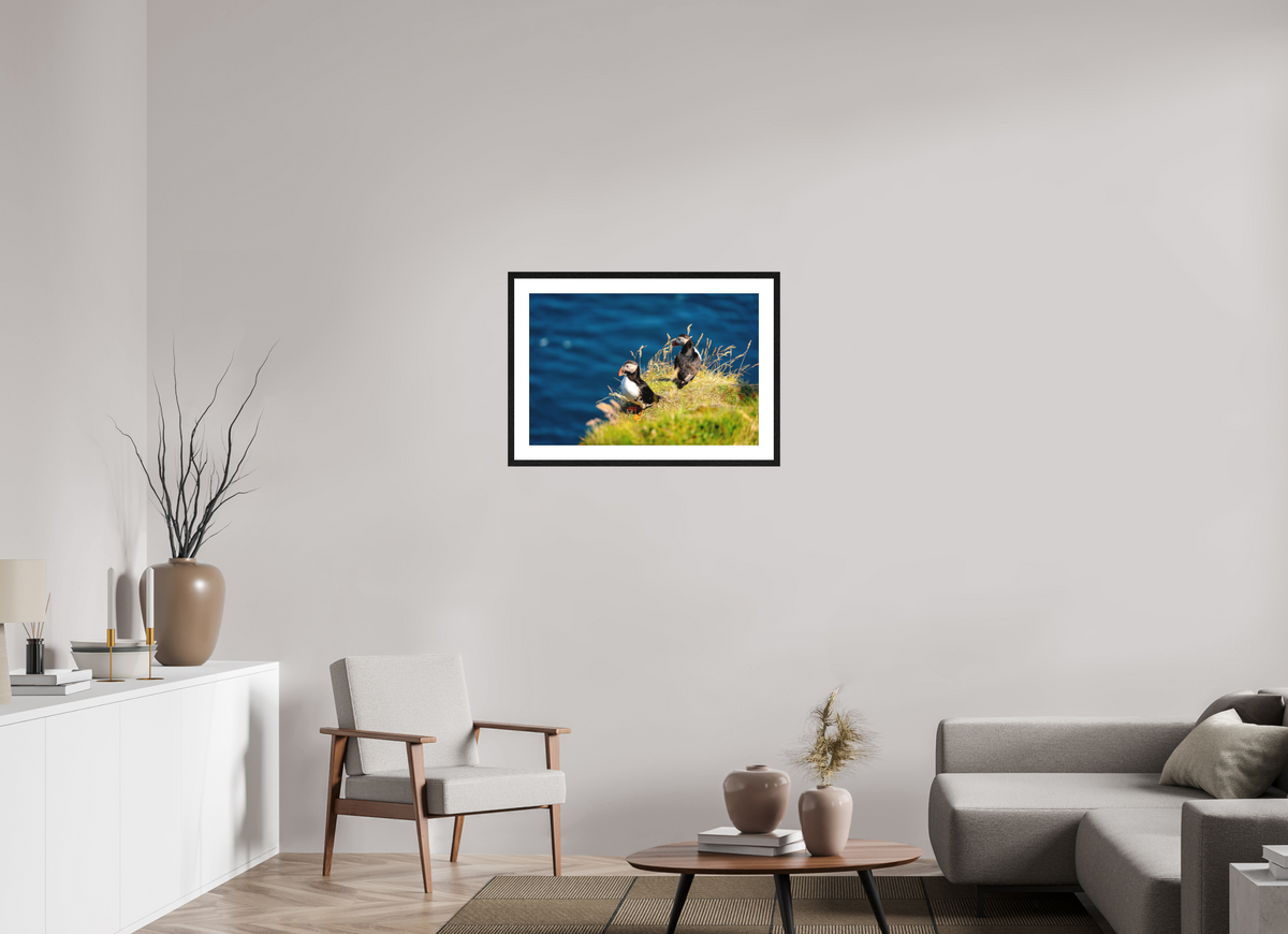 75 x 50 cm, Smooth Natural Paper Print with Frame Clifftop Puffins