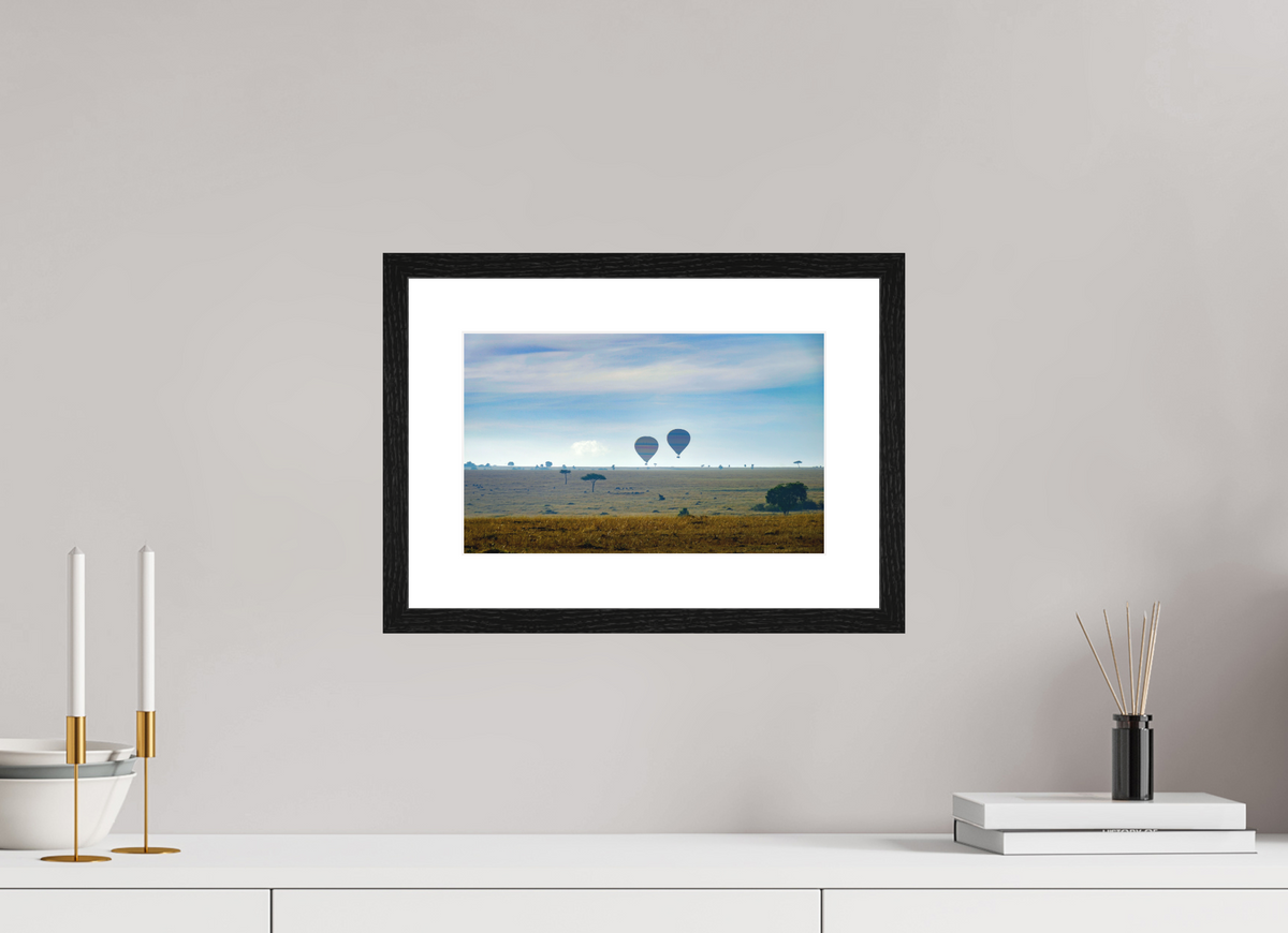32.1 x 20 cm, Smooth Natural Paper Print with Frame Hot-air Balloons over the Masai Mara - Kenya