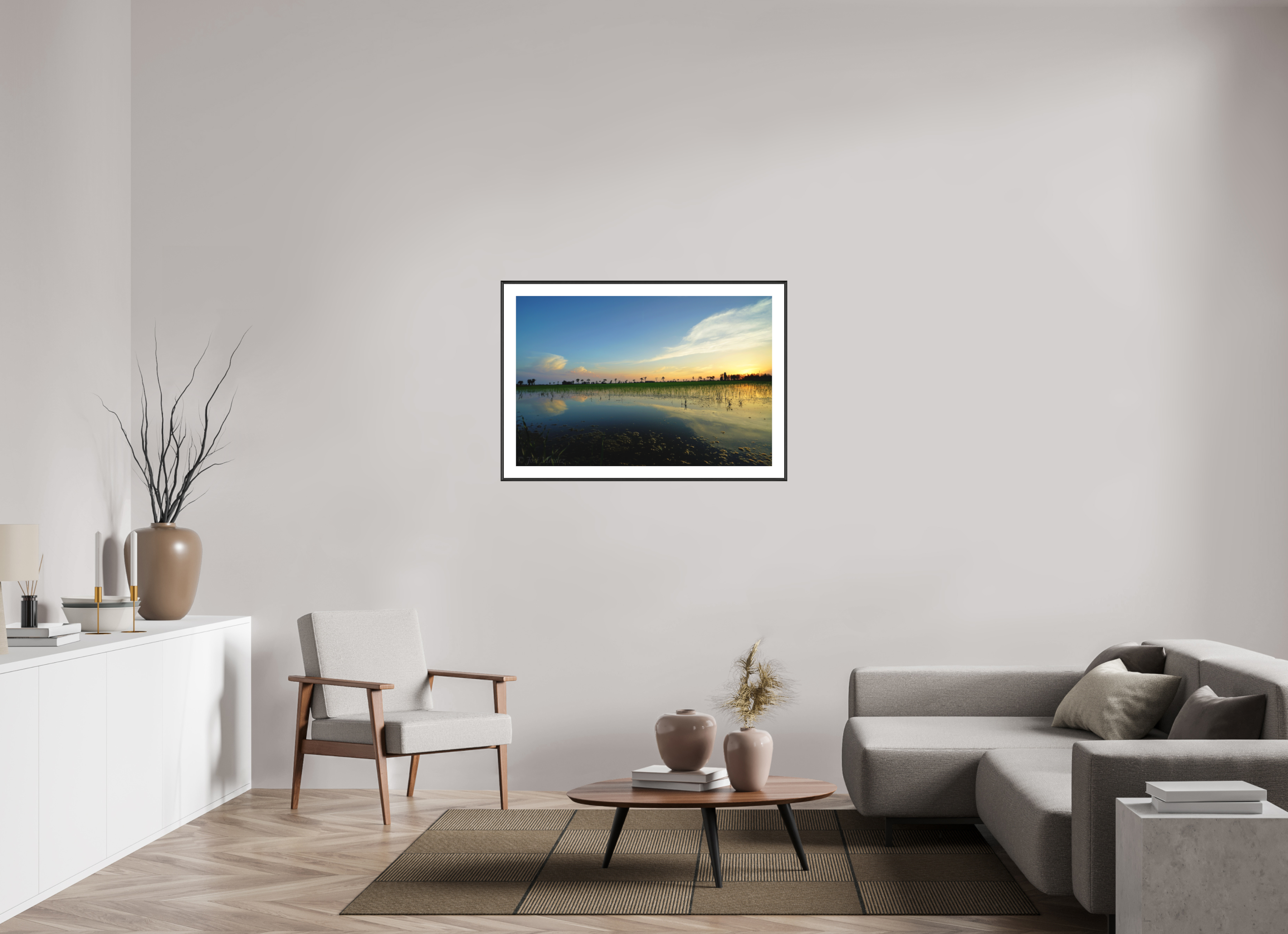 105 x 70 cm, Changeable Magnetic Frame - Hahnemühle Fineart Pearl Rice Fields at Dusk