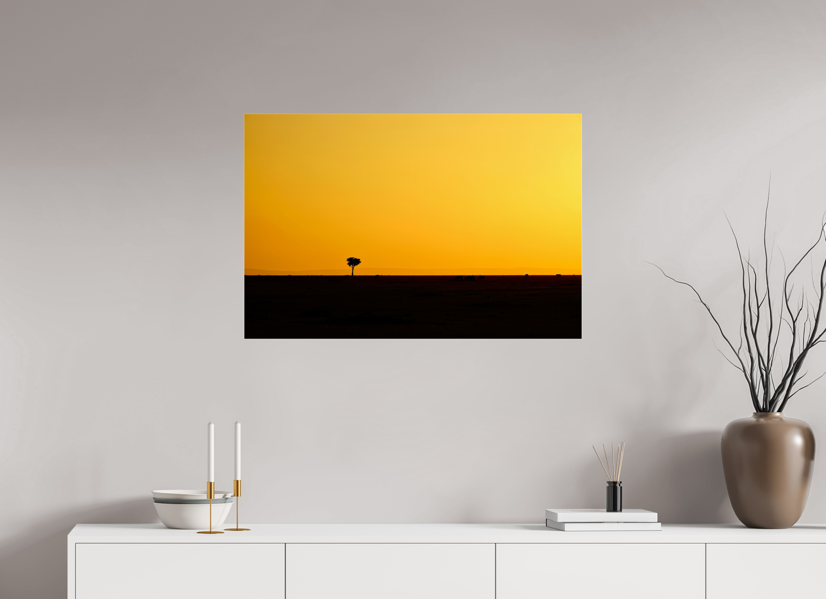 90 x 60 cm, Photo Print Under Acrylic Glass Golden Sky over the African Savannah