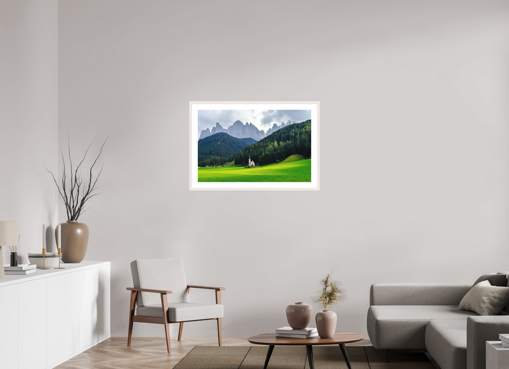 93.5 x 60 cm, Solid Wood Frame with Passe Partout Church of Saint John in the Dolomites - Italy