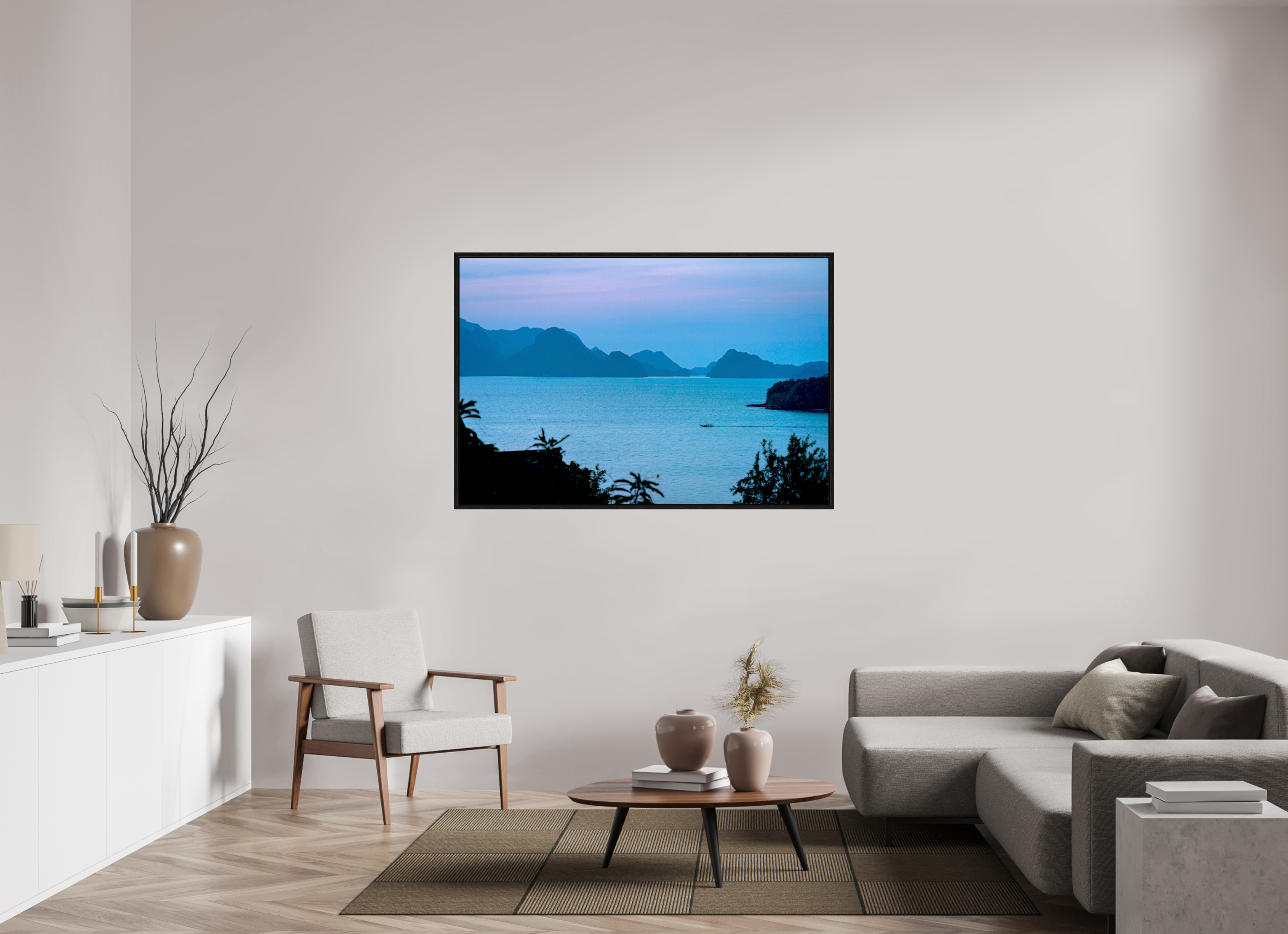 150 x 100 cm, Floater Frame Blue Silence at Dusk