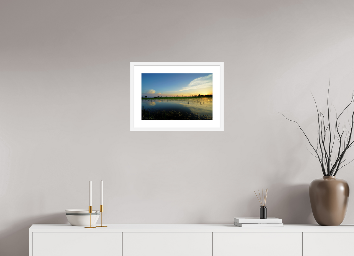 45 x 30 cm, Fine Art Print with Frame Rice Fields at Dusk