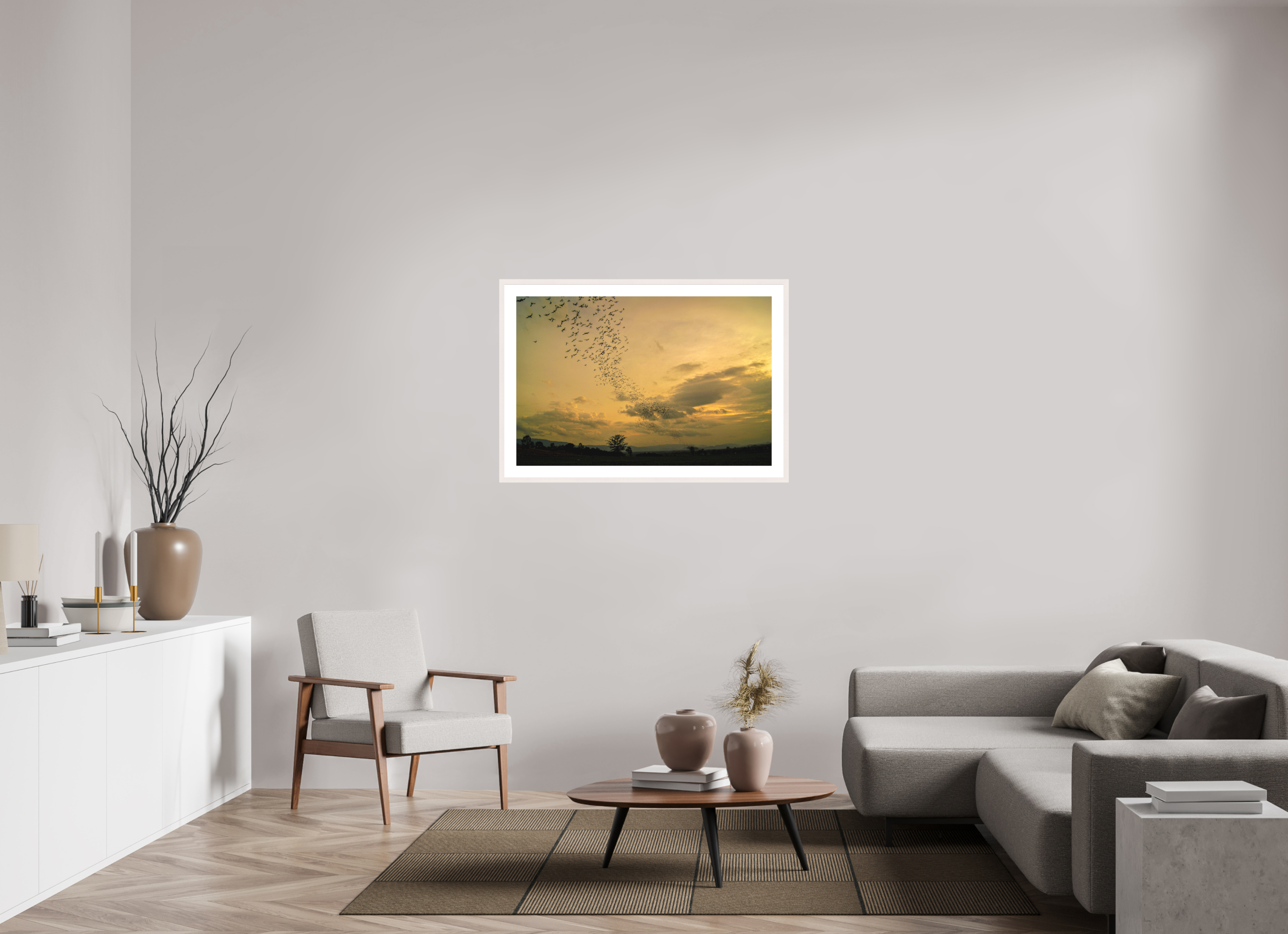105 x 70 cm, Solid Wood Frame with Passe Partout Dusk Emergence