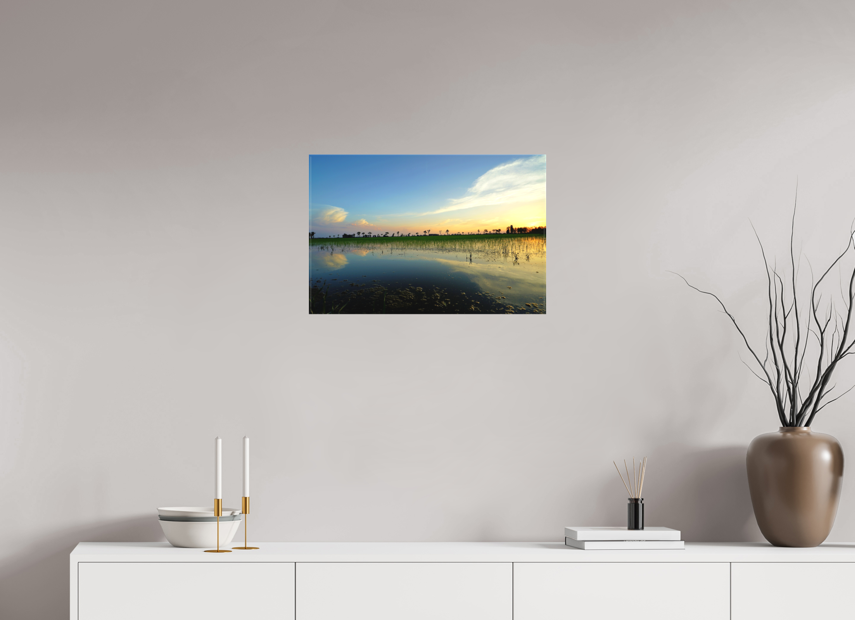 60 x 40 cm, Matte Canvas on Stretcher Frame Rice Fields at Dusk