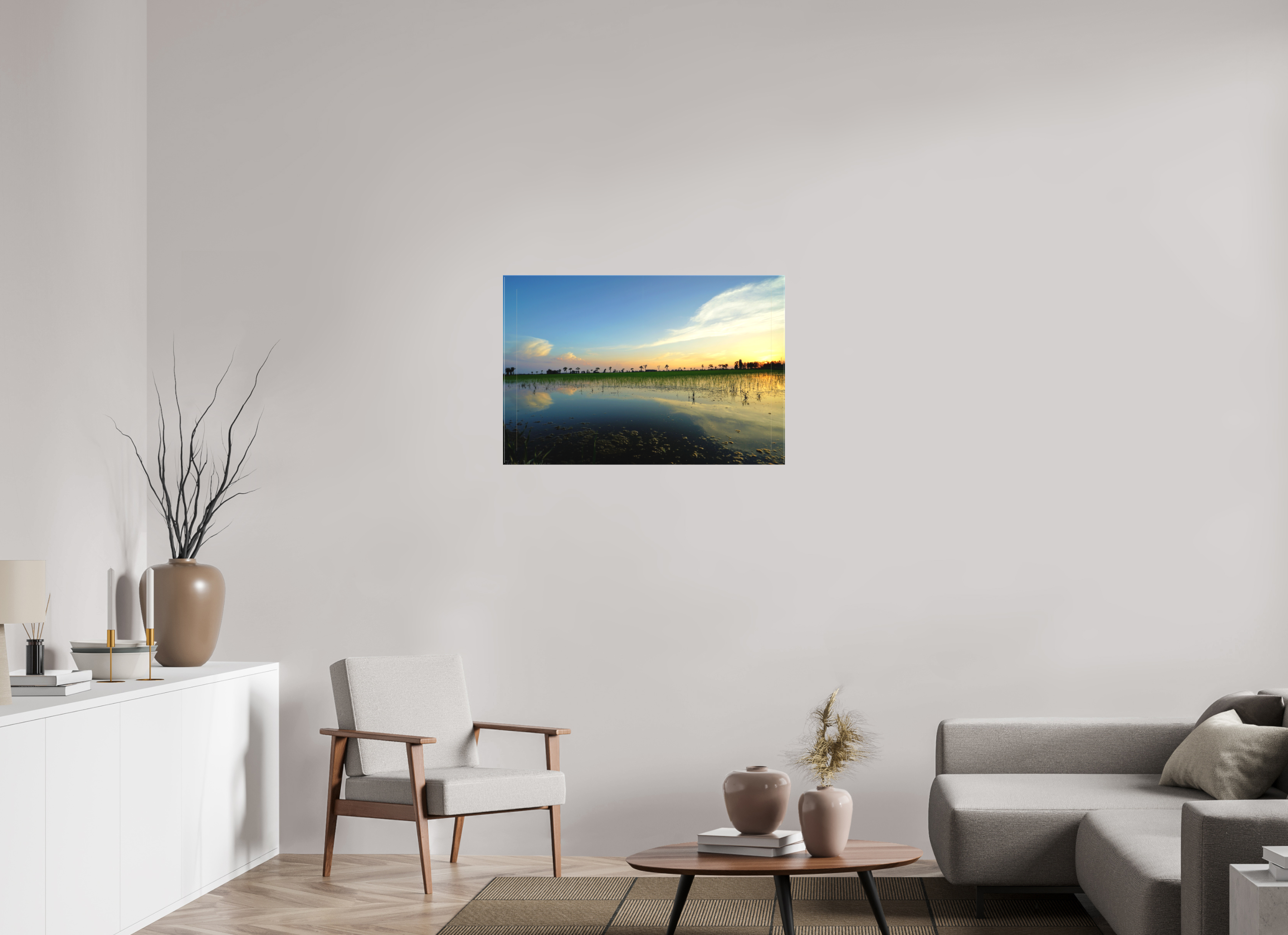 90 x 60 cm, Matte Canvas on Stretcher Frame Rice Fields at Dusk