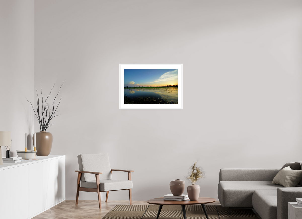 75 x 50 cm, Fine Art Print with Frame Rice Fields at Dusk