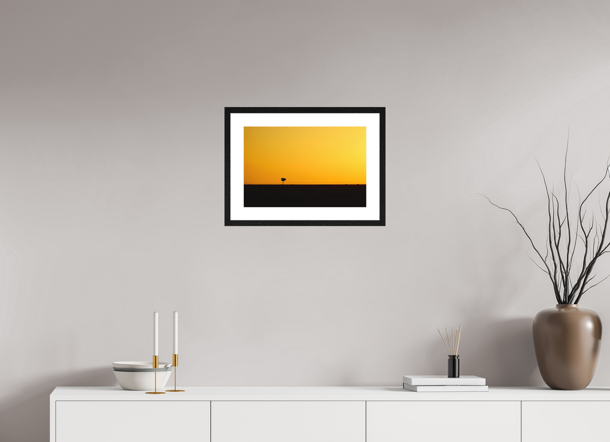 45 x 30 cm, Smooth Natural Paper Print with Frame Golden Sky over the African Savannah