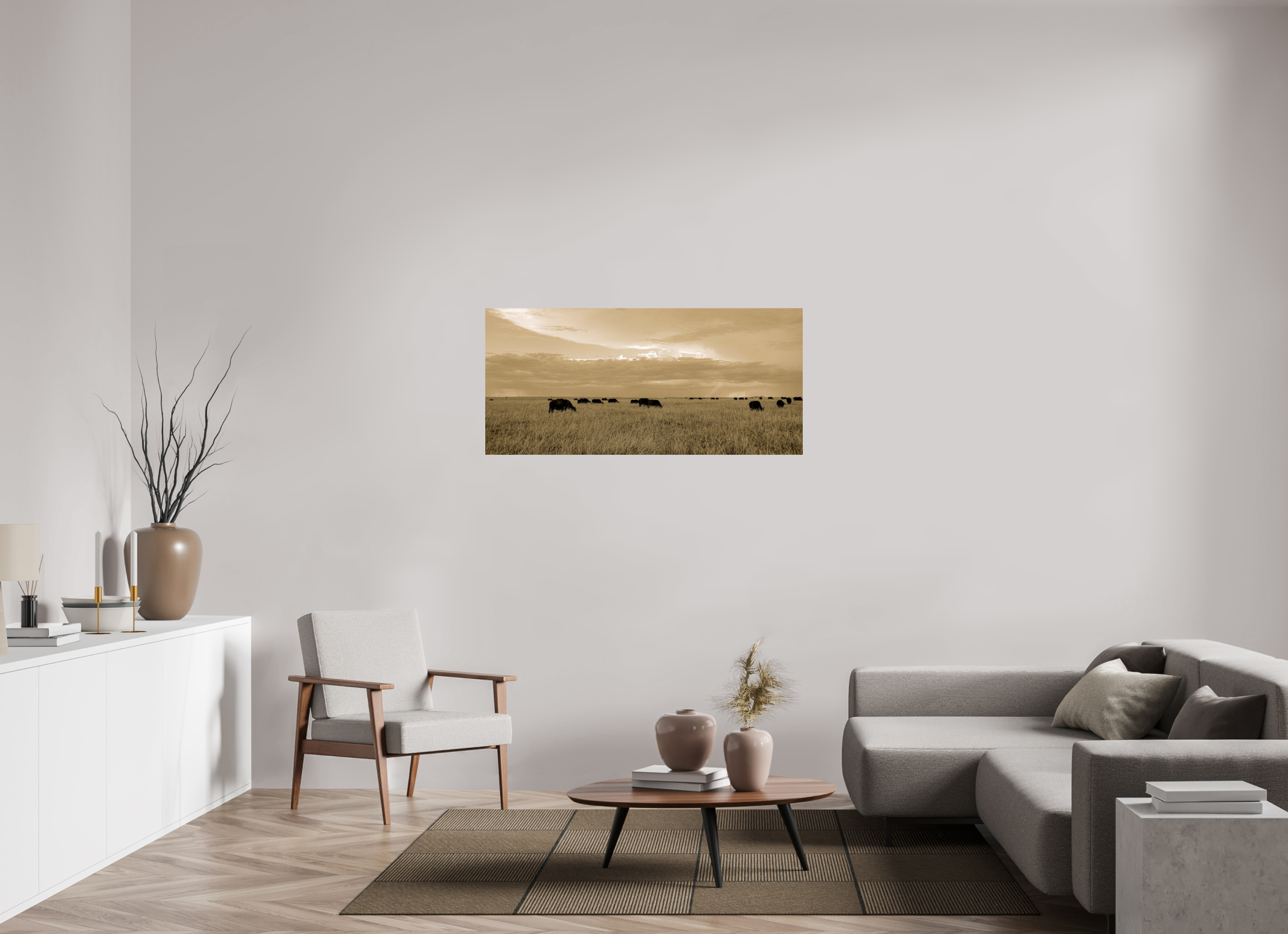 129.9 x 60 cm, Photo Print On Fuji Crystal DP II Grazing Herd of African Buffalo, Masai Mara, Kenya