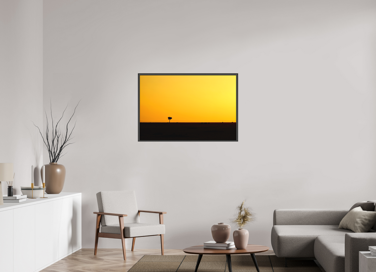 105 x 70 cm, Textile Print Canvas with 15 mm Width Gap Frame Golden Sky over the African Savannah