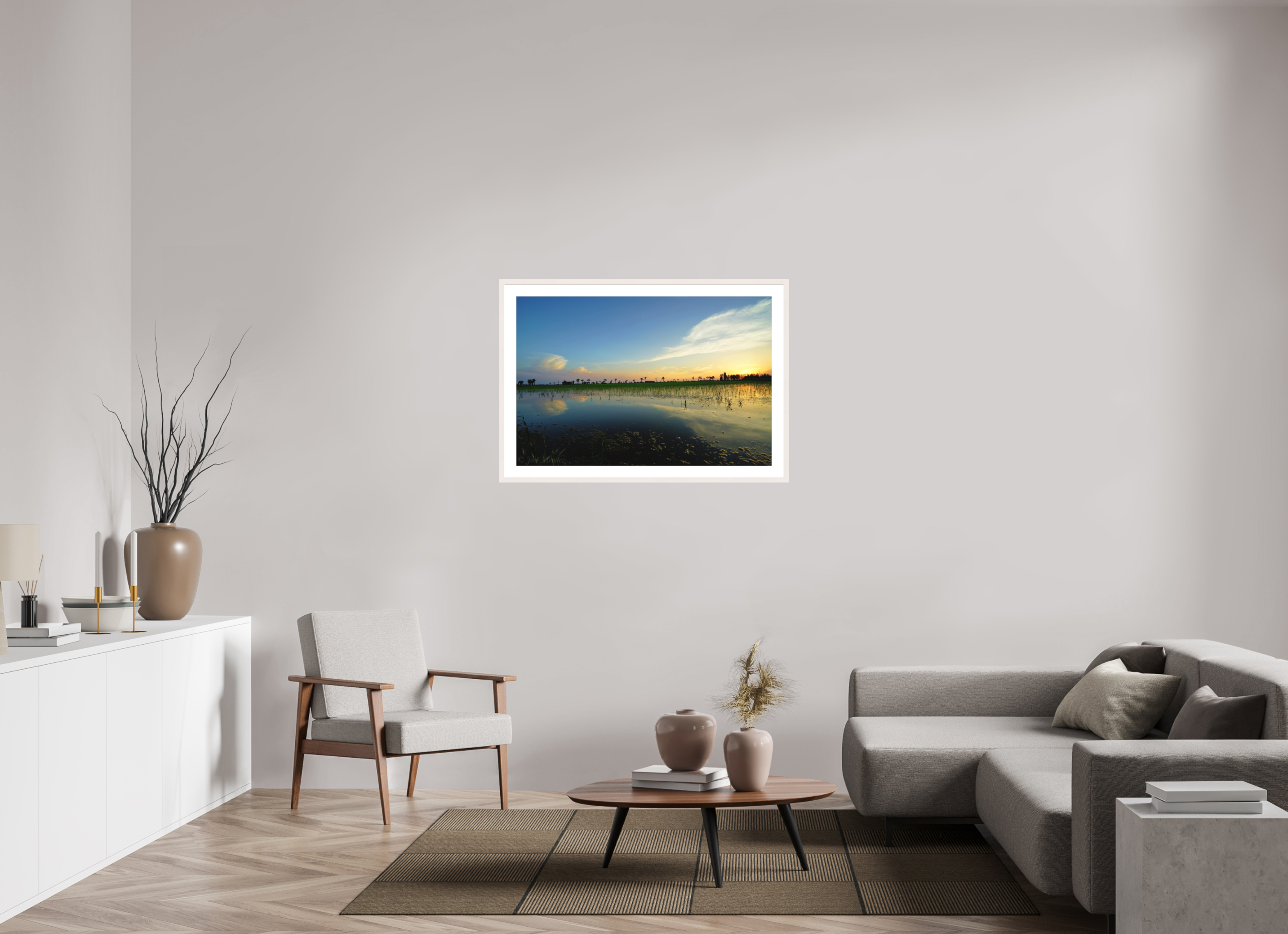 105 x 70 cm, Solid Wood Frame with Passe Partout Rice Fields at Dusk