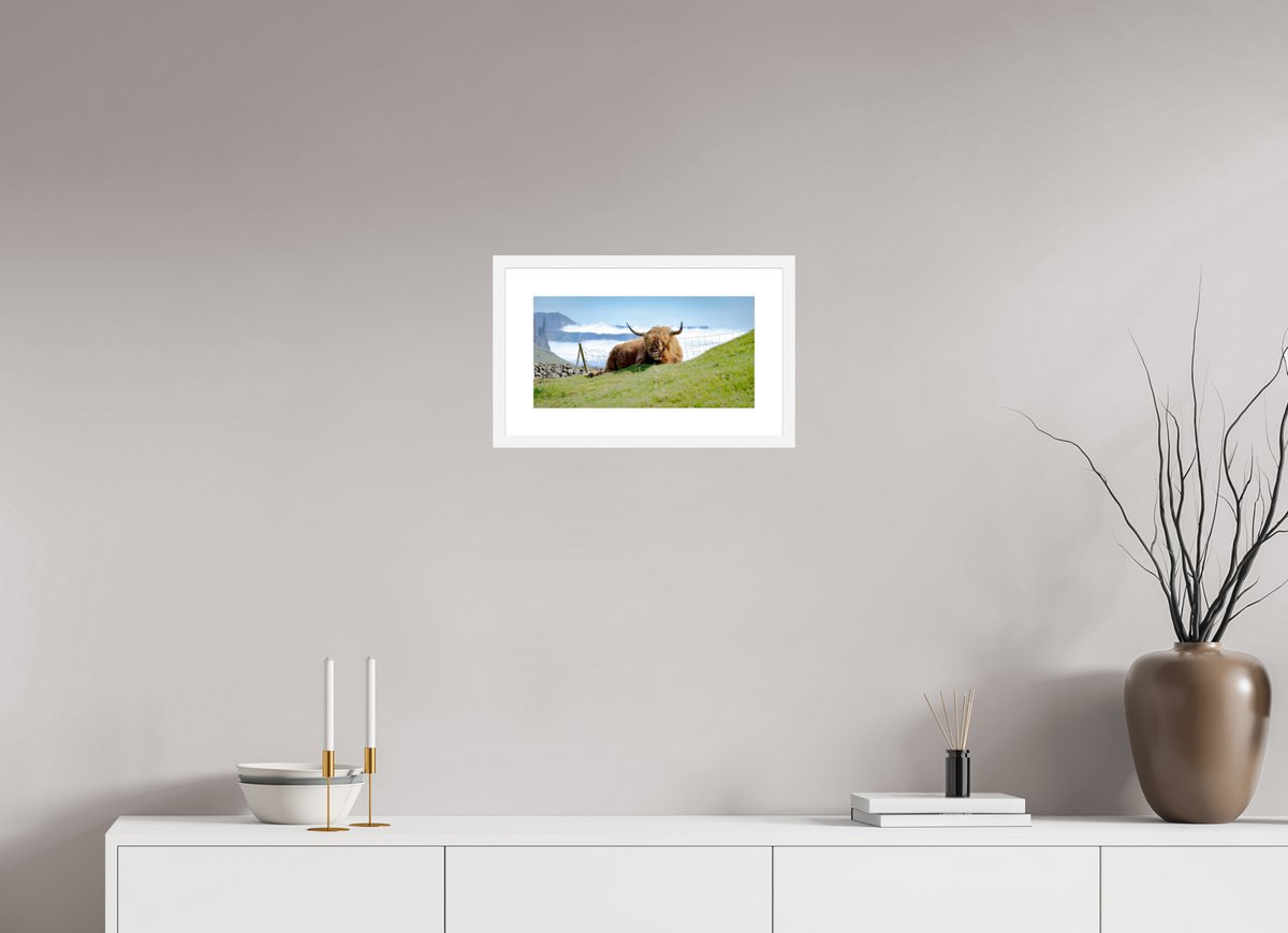 38.6 x 20 cm, Fine Art Print with Frame Highland Cow of the Faroe Islands