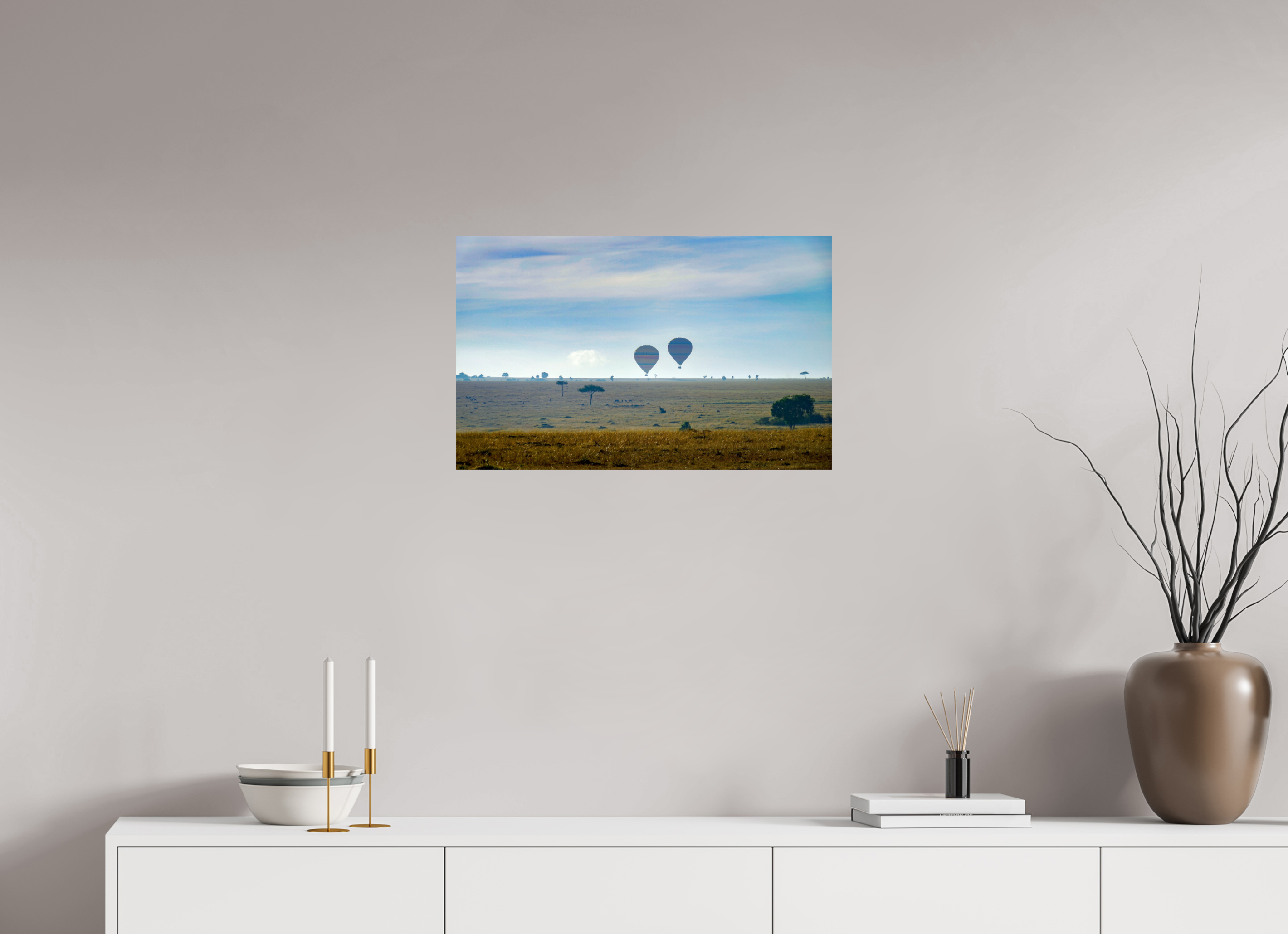 64.3 x 40 cm, Photo Print Under Acrylic Glass Hot-air Balloon over the Savanna