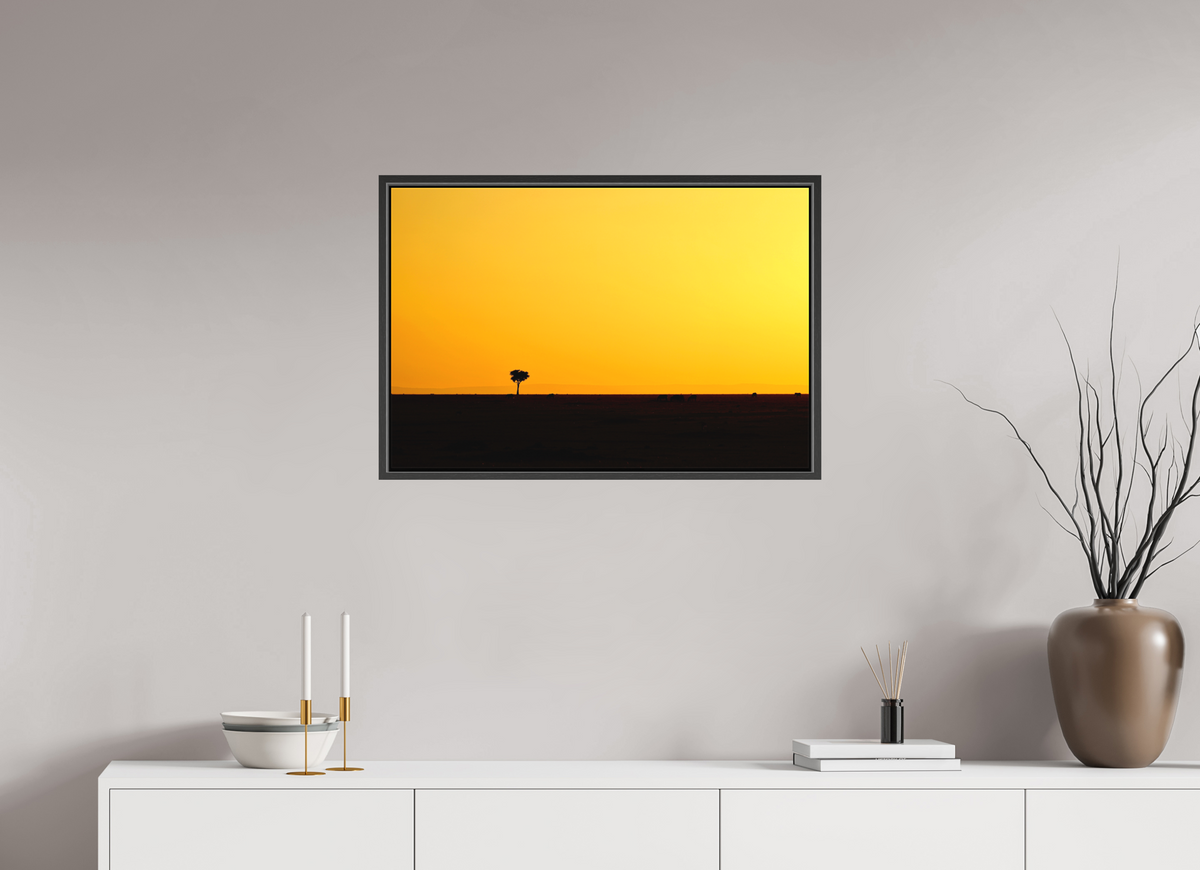 75 x 50 cm, Textile Print Canvas with 15 mm Width Gap Frame Golden Sky over the African Savannah