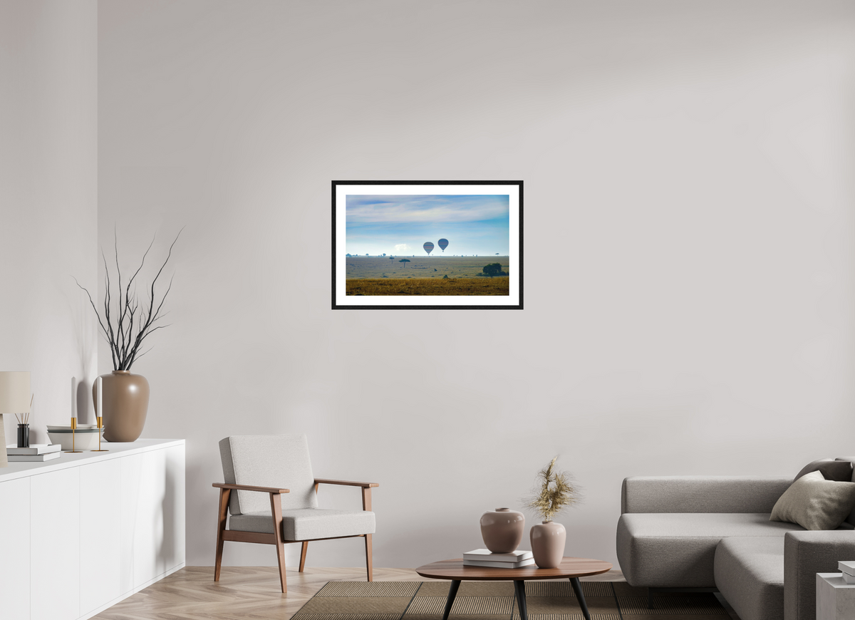 80.4 x 50 cm, Smooth Natural Paper Print with Frame Hot-air Balloons over the Masai Mara - Kenya