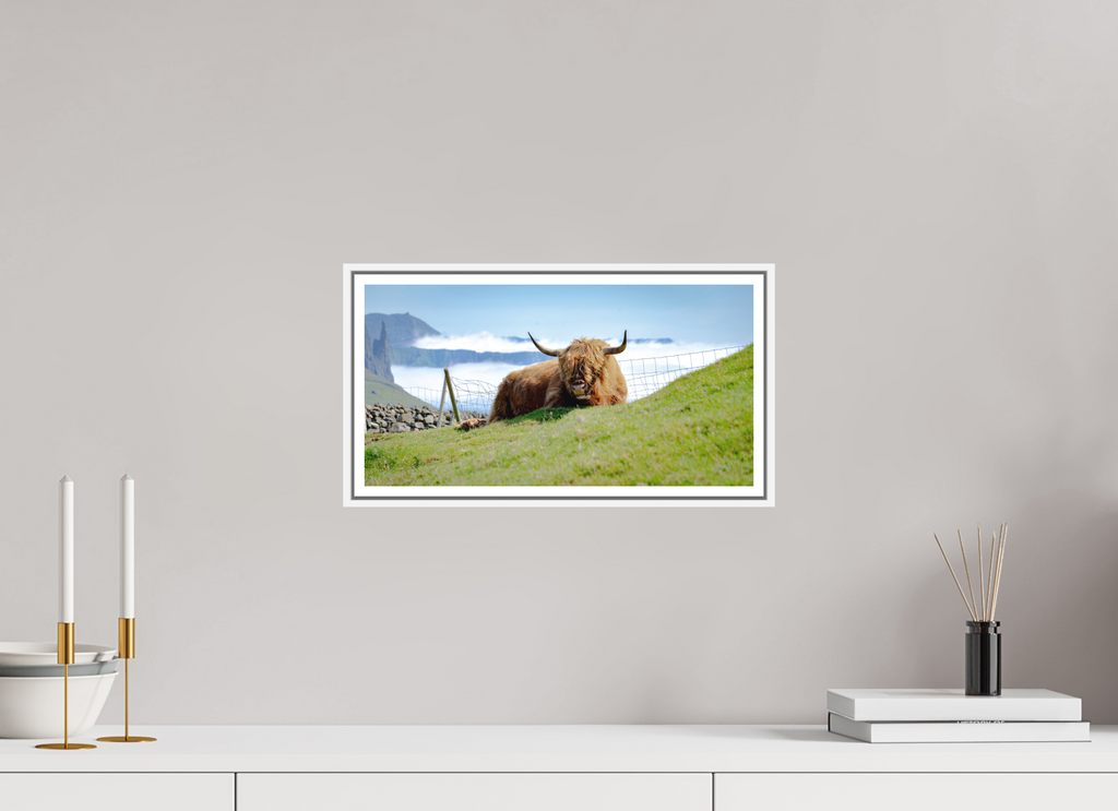 38.6 x 20 cm, Print on Forex with Frame Highland Cow of the Faroe Islands