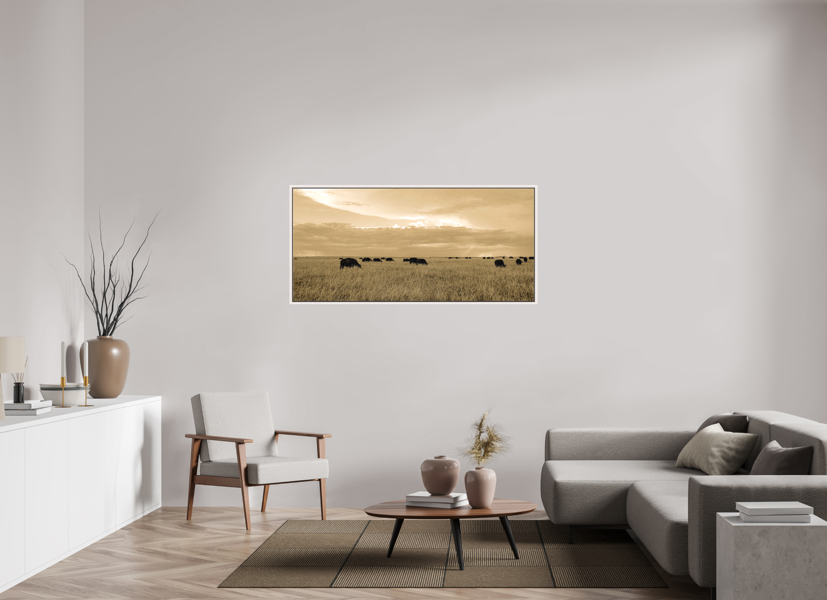 151.5 x 70 cm, Matte Canvas 15 mm Frame Grazing Herd of African Buffalo, Masai Mara, Kenya