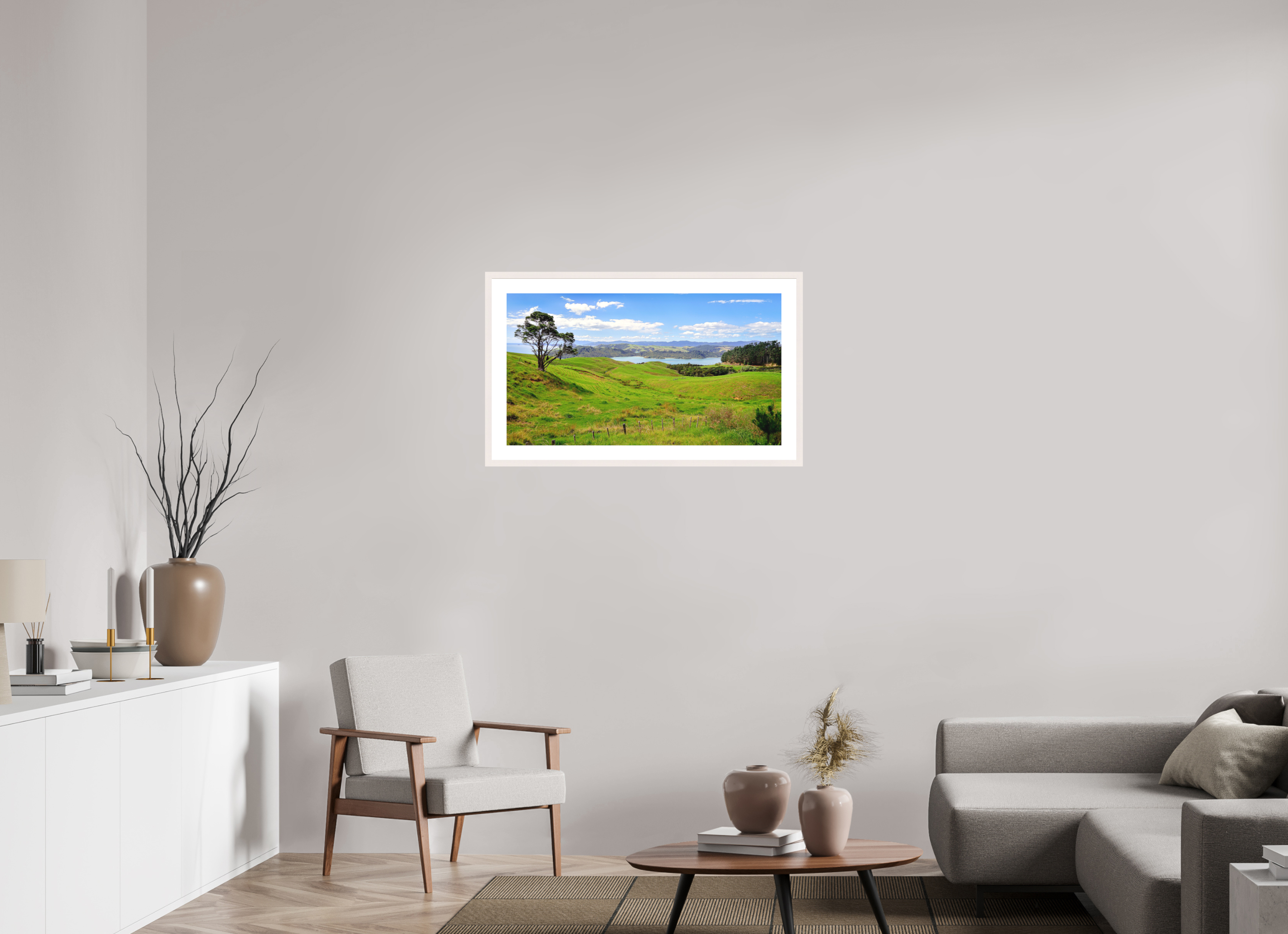 89.6 x 50 cm, Solid Wood Frame with Passe Partout Coromandel Landscape - New Zealand