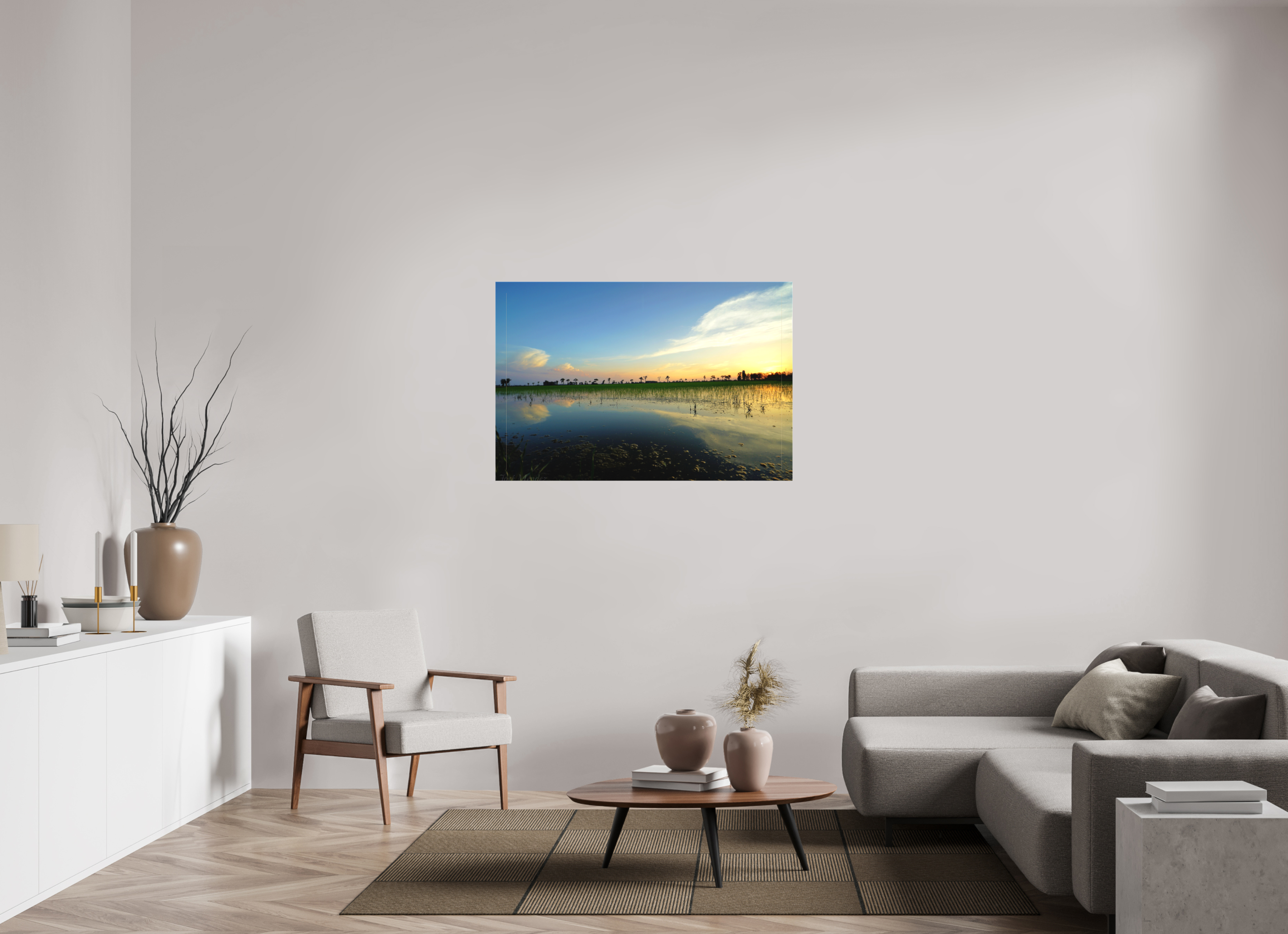 120 x 80 cm, Matte Canvas on Stretcher Frame Rice Fields at Dusk