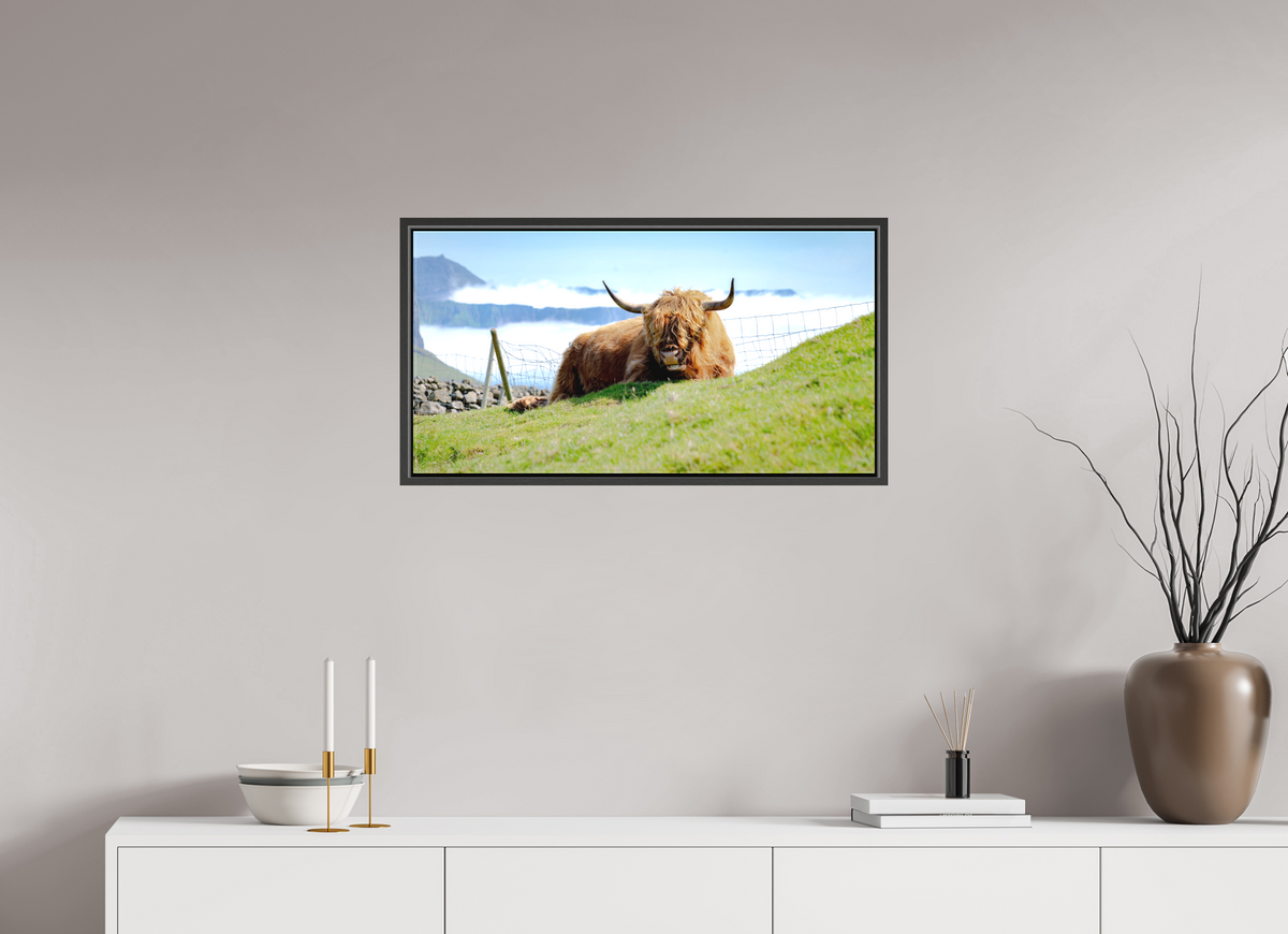 77.2 x 40 cm, Textile Print Canvas with 15 mm Width Gap Frame Highland Cow of the Faroe Islands