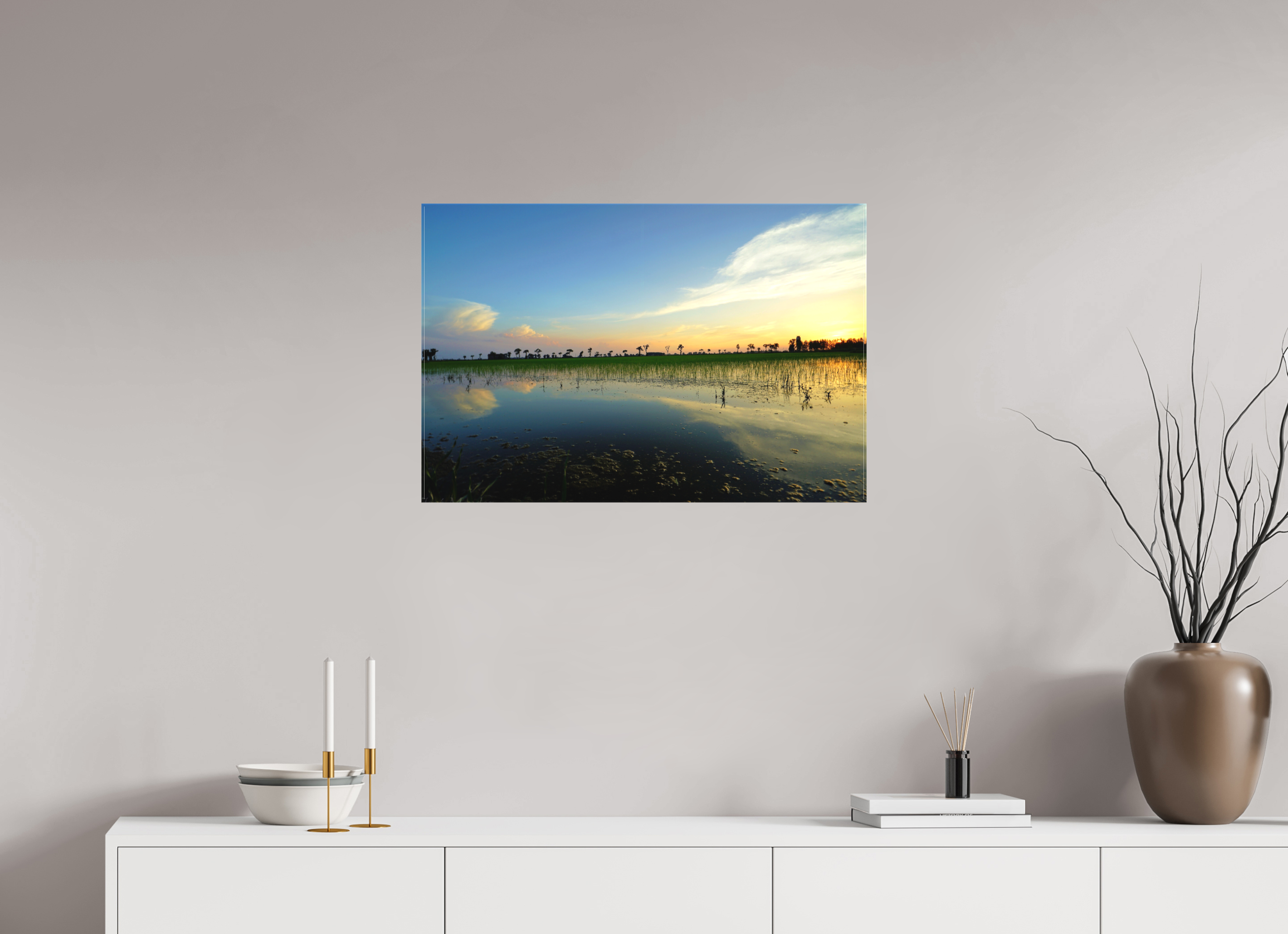 75 x 50 cm, Matte Canvas on Stretcher Frame Rice Fields at Dusk