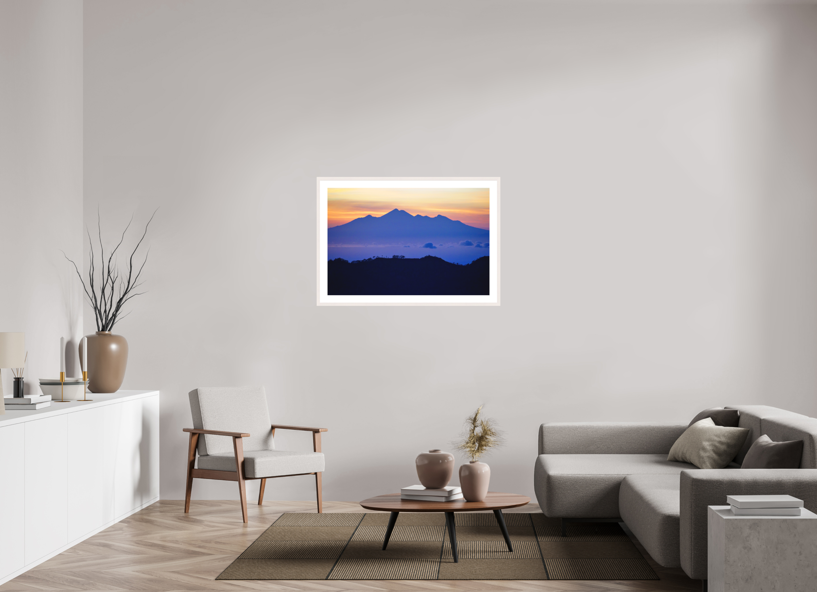 105 x 70 cm, Solid Wood Frame with Passe Partout Mount Agung at Sunrise - Bali - Indonesia