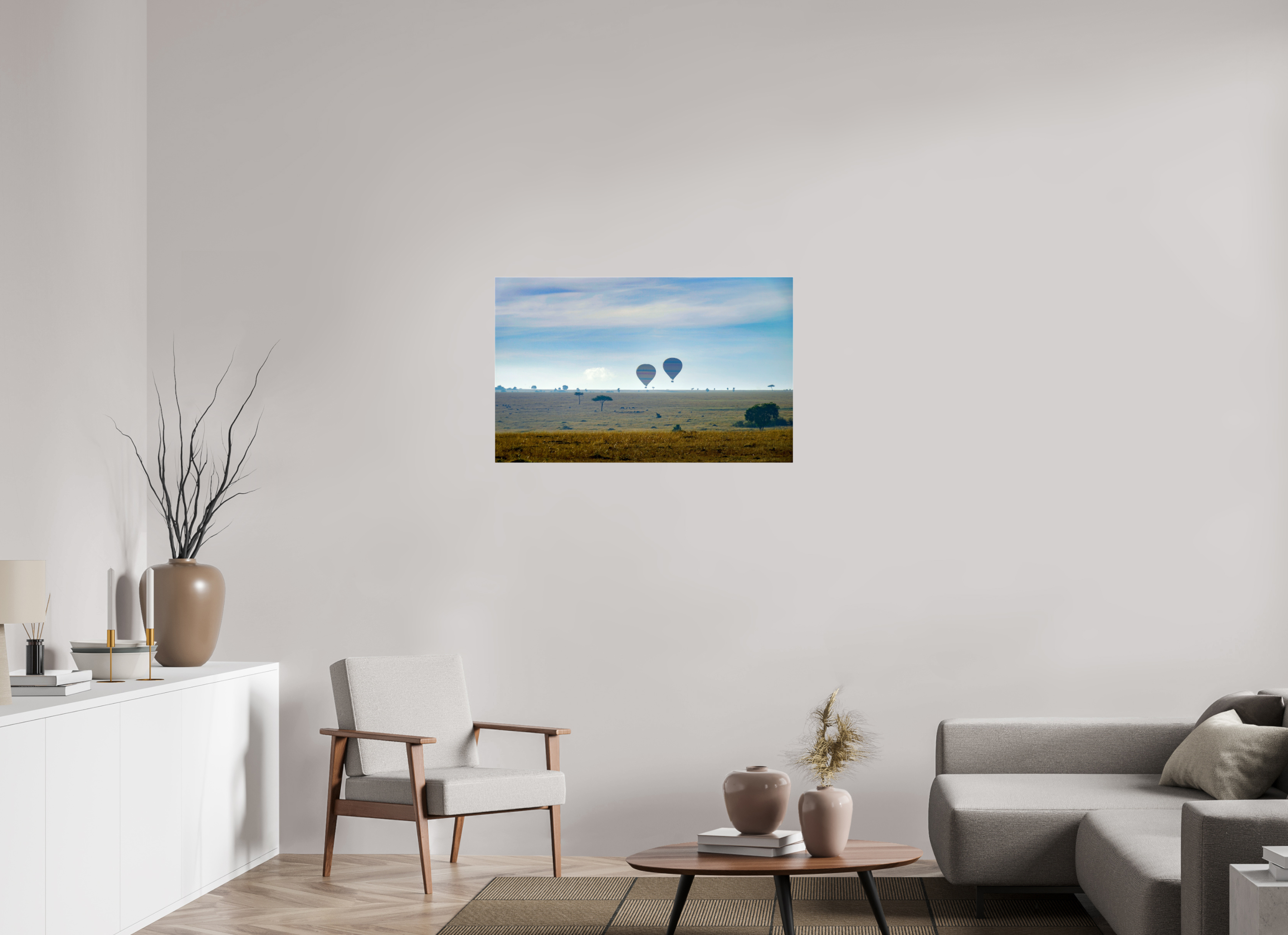 96.4 x 60 cm, Photo Print Under Acrylic Glass Hot-air Balloon over the Savanna