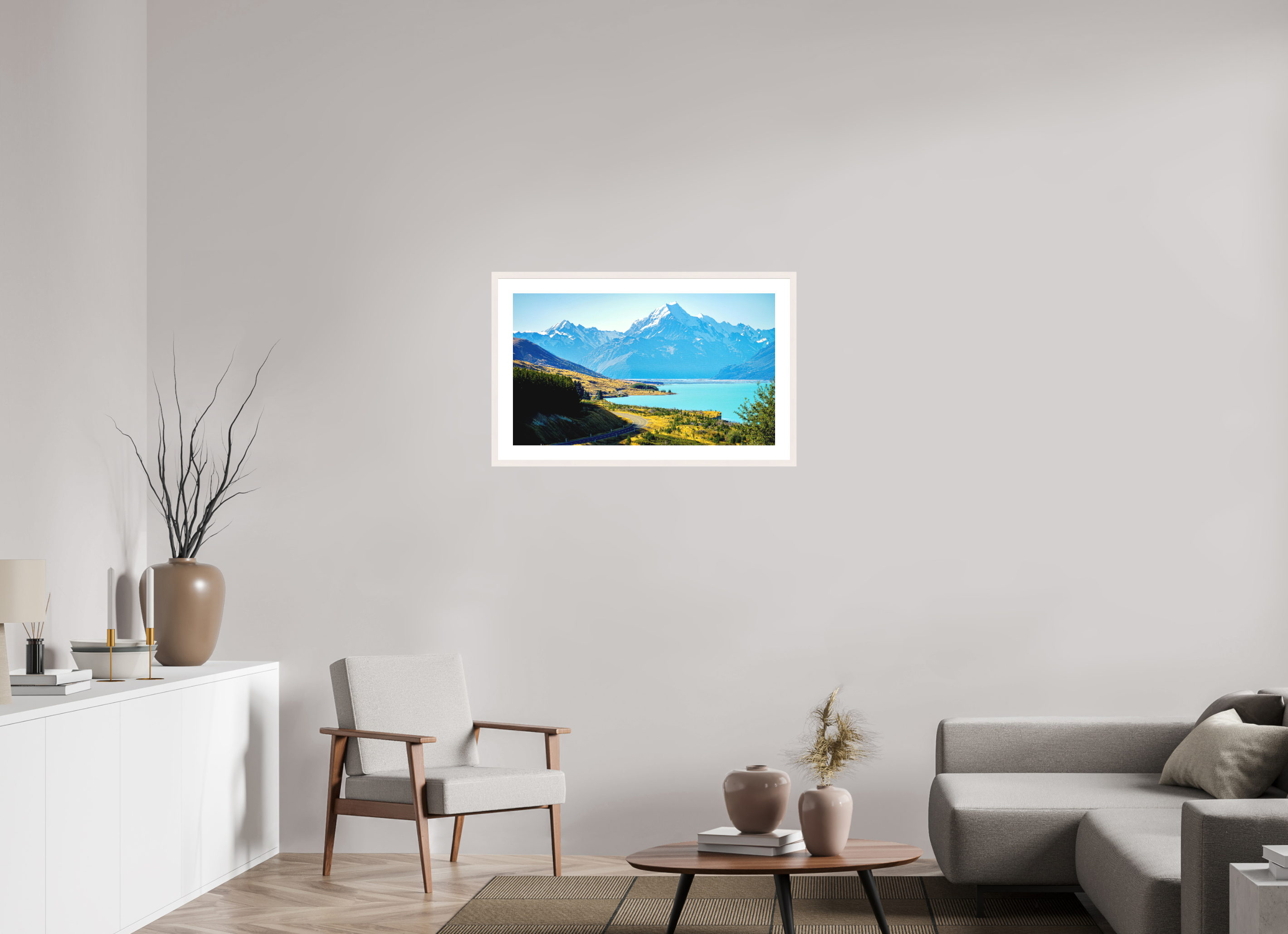 85.5 x 50 cm, Solid Wood Frame with Passe Partout Mount Cook Road - New Zealand