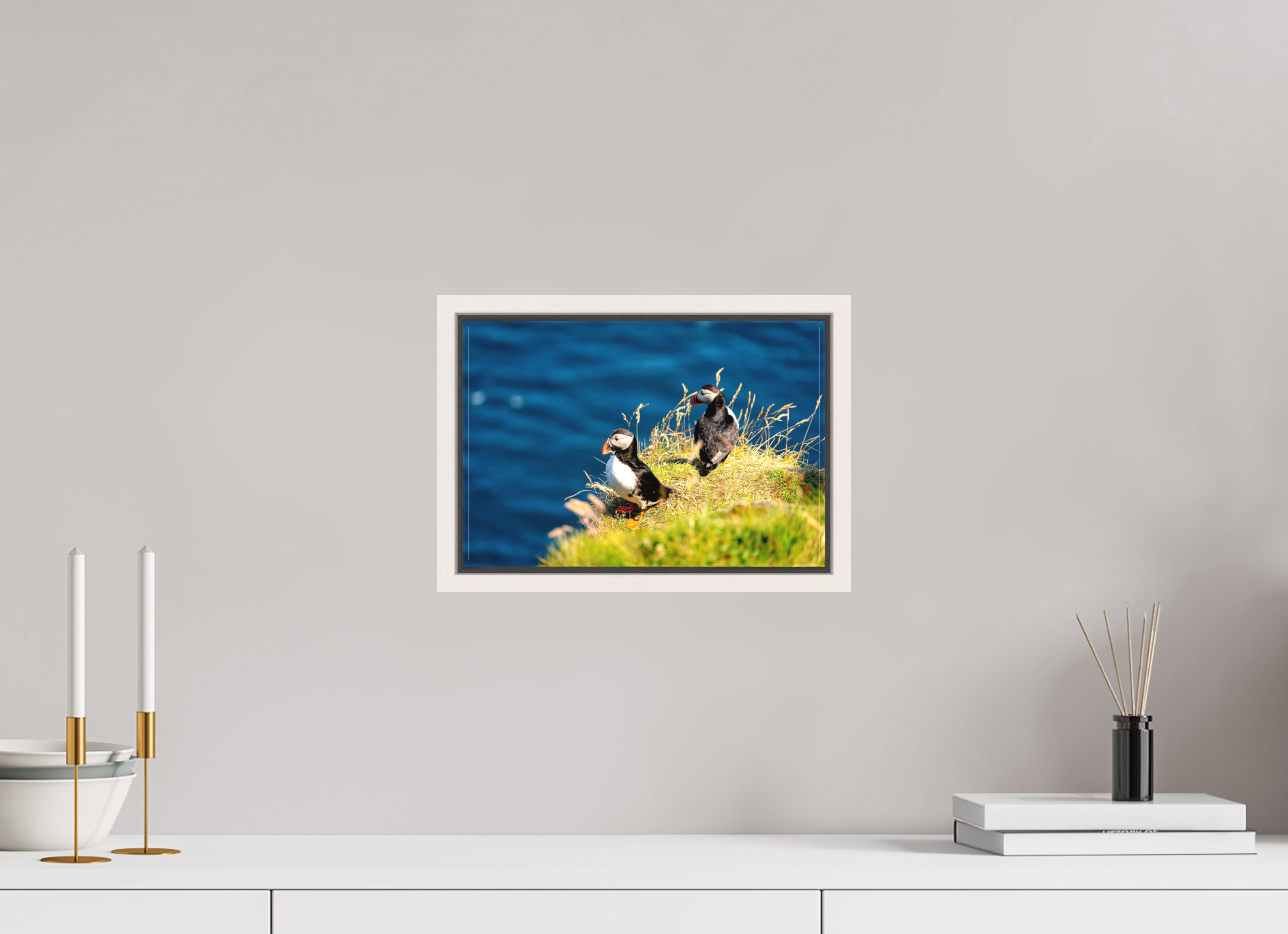 30 x 20 cm, Matte Canvas 15 mm Frame Clifftop Puffins