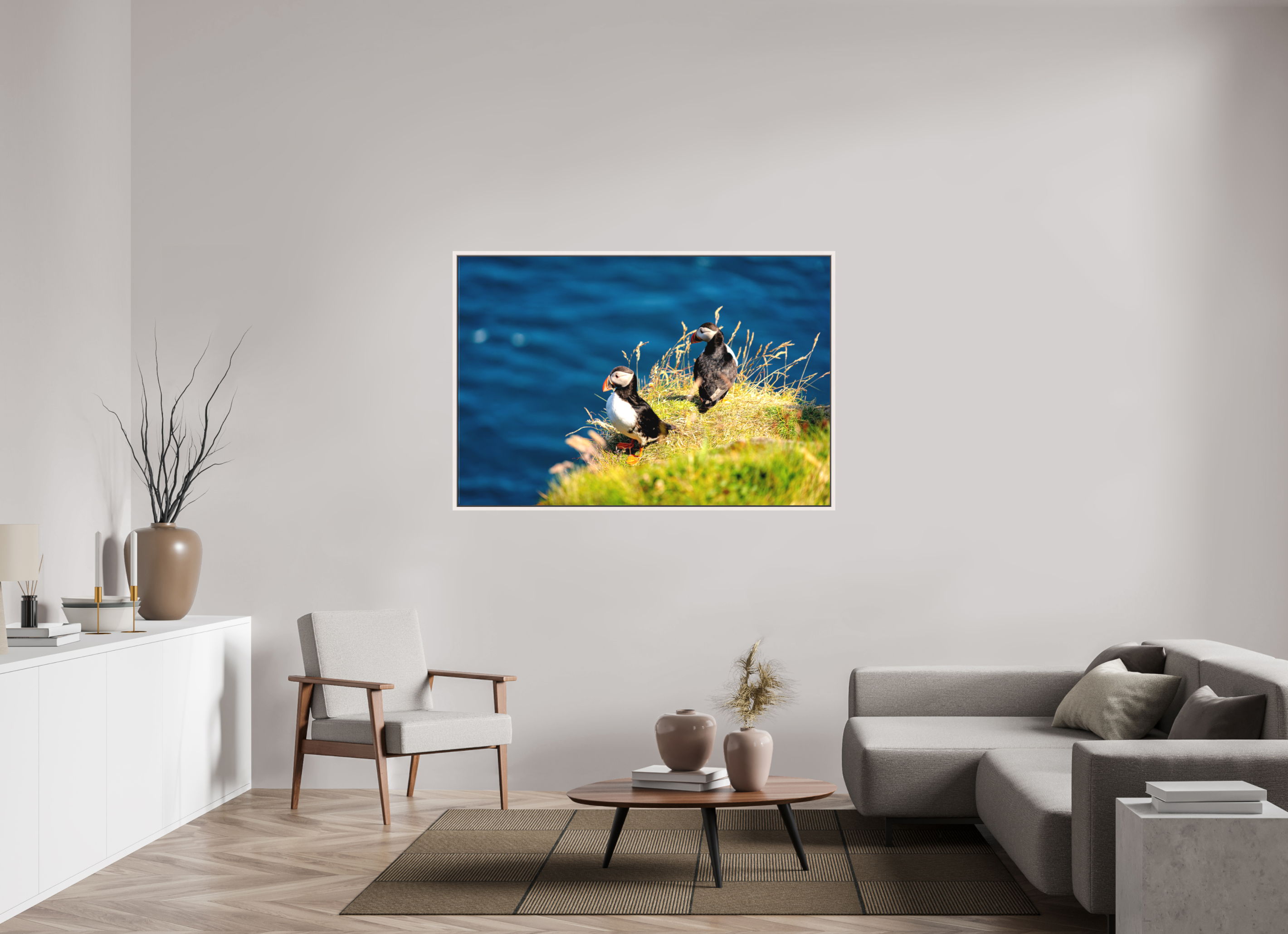 150 x 100 cm, Matte Canvas 15 mm Frame Clifftop Puffins