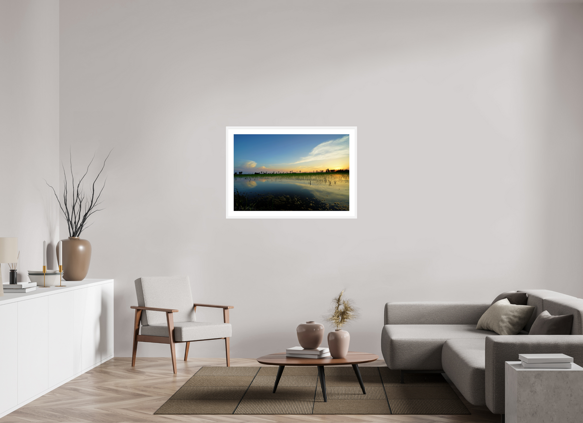 105 x 70 cm, Fine Art Print with Frame Rice Fields at Dusk