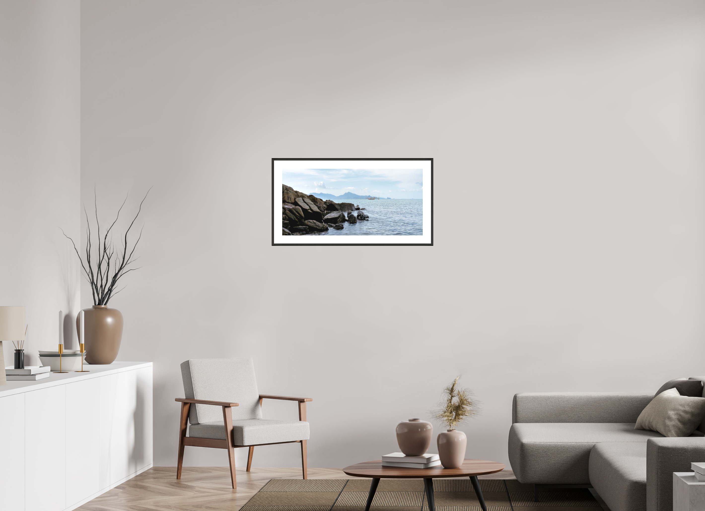 83.5 x 40 cm, Changeable Magnetic Frame - Hahnemühle Fineart Pearl Black Rocks