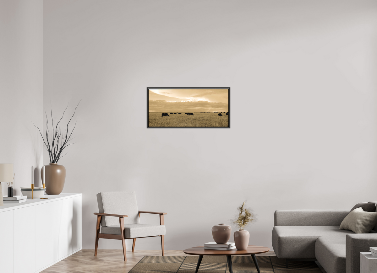 86.6 x 40 cm, Textile Print Canvas with 15 mm Width Gap Frame Grazing Herd of African Buffalo, Masai Mara, Kenya