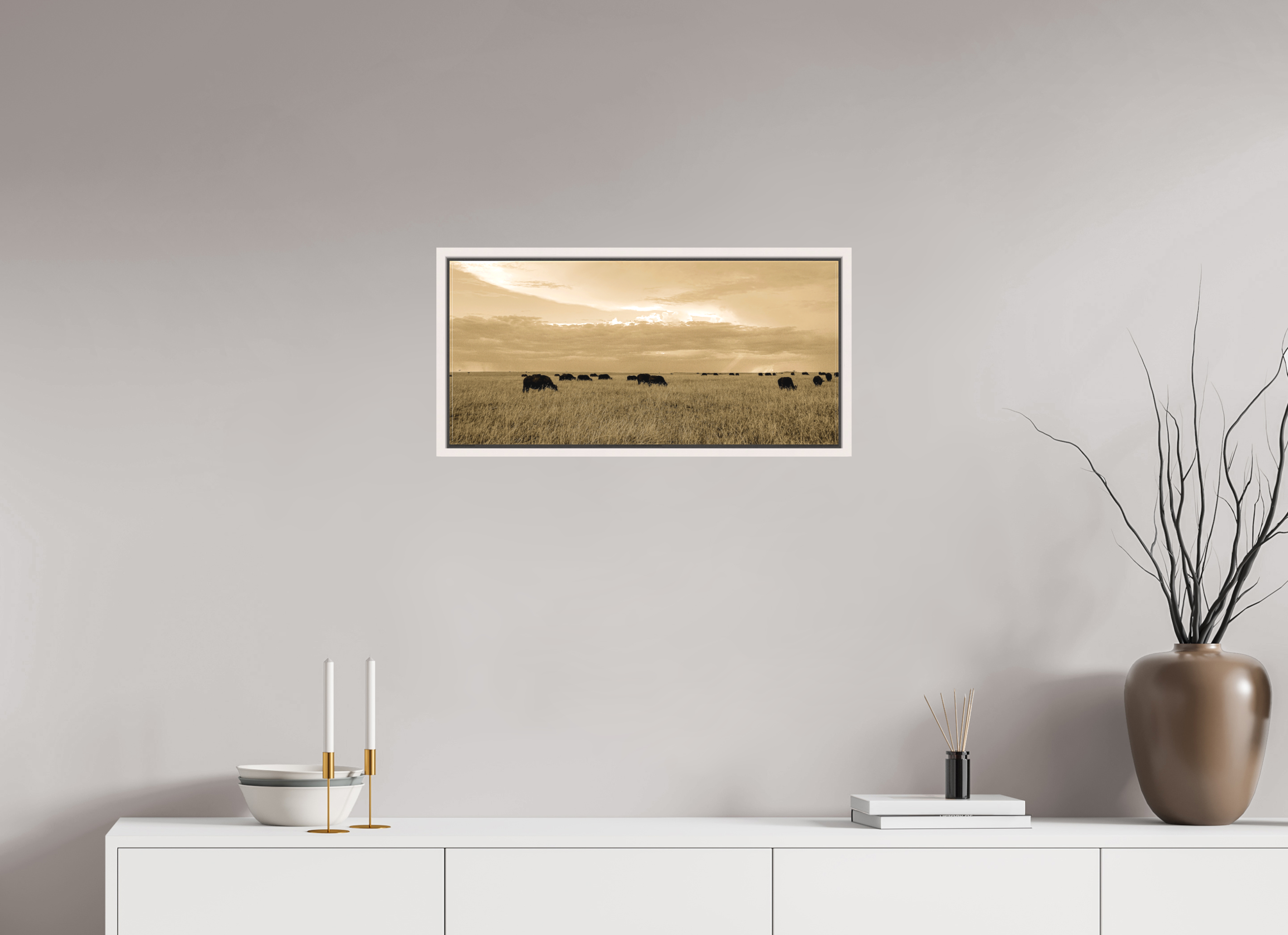 64.9 x 30 cm, Matte Canvas 15 mm Frame Grazing Herd of African Buffalo, Masai Mara, Kenya