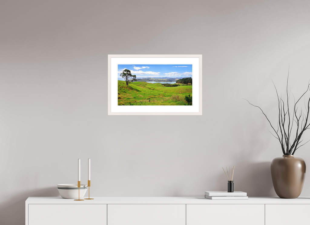 53.7 x 30 cm, Solid Wood Frame with Passe Partout Coromandel Landscape - New Zealand