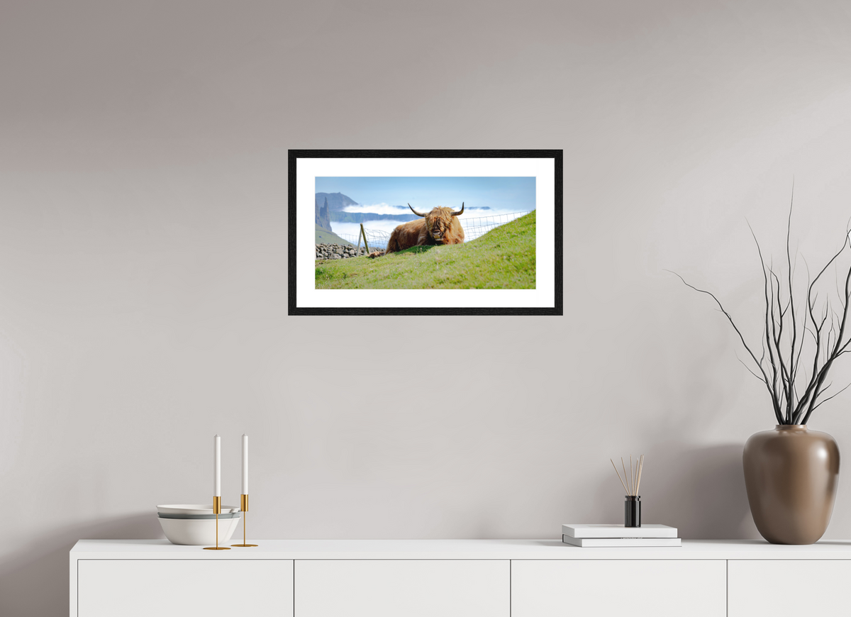 57.9 x 30 cm, Smooth Natural Paper Print with Frame Highland Cow of the Faroe Islands