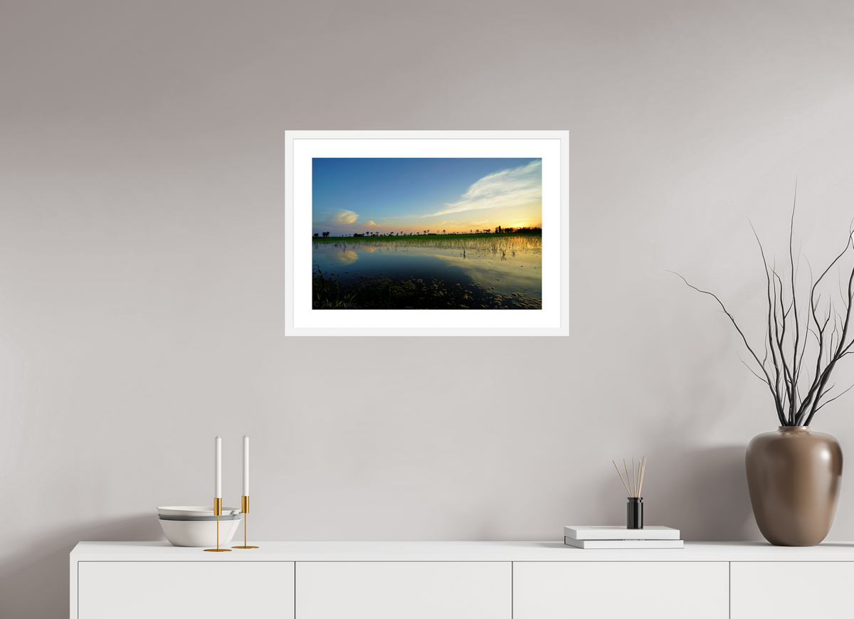 60 x 40 cm, Fine Art Print with Frame Rice Fields at Dusk
