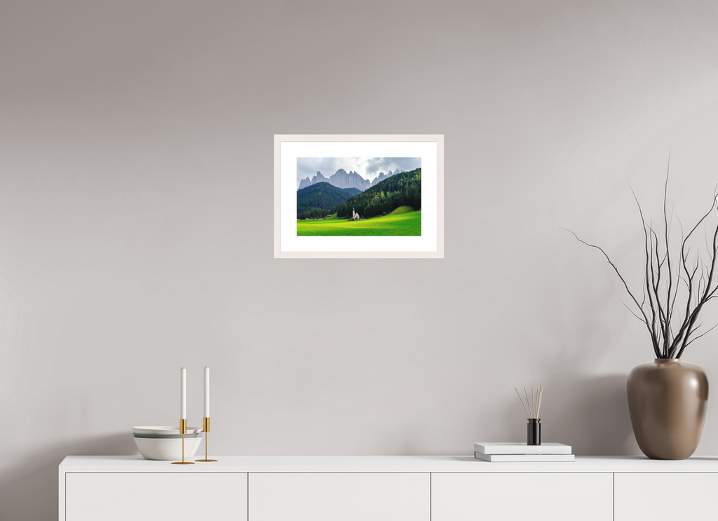39 x 25 cm, Solid Wood Frame with Passe Partout Church of Saint John in the Dolomites - Italy