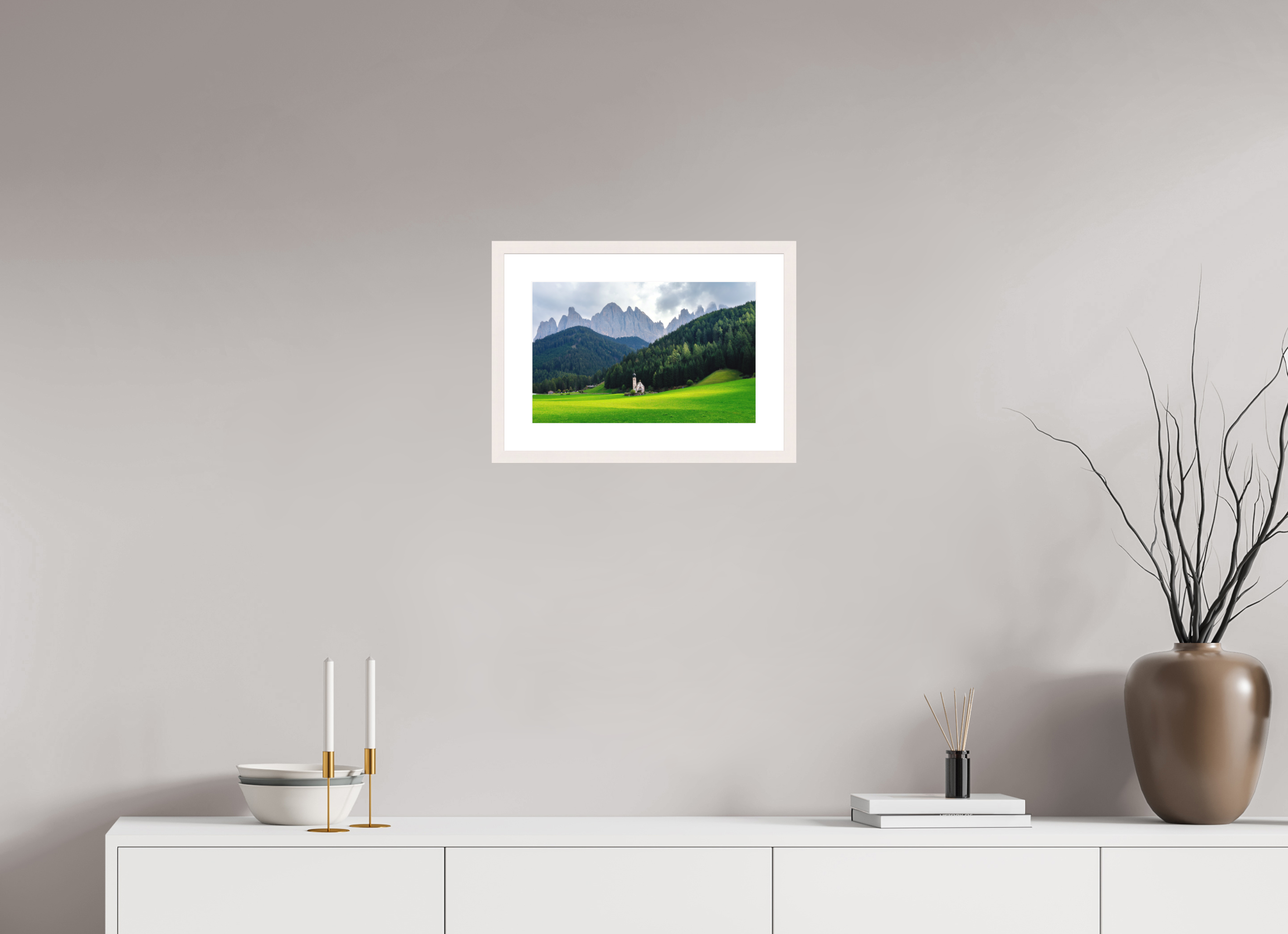 39 x 25 cm, Solid Wood Frame with Passe Partout Church of Saint John in the Dolomites - Italy