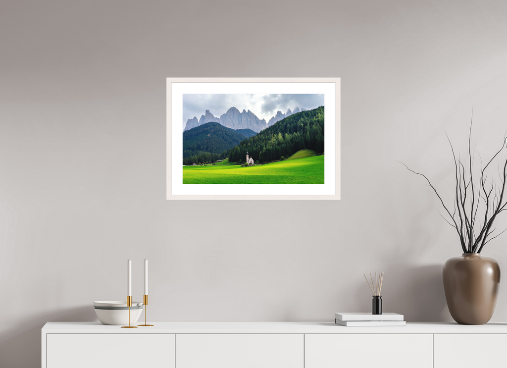 62.3 x 40 cm, Solid Wood Frame with Passe Partout Church of Saint John in the Dolomites - Italy