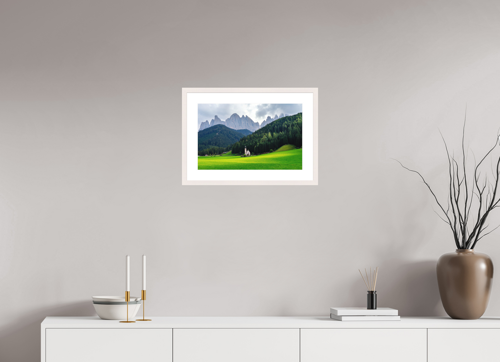 46.8 x 30 cm, Solid Wood Frame with Passe Partout Church of Saint John in the Dolomites - Italy
