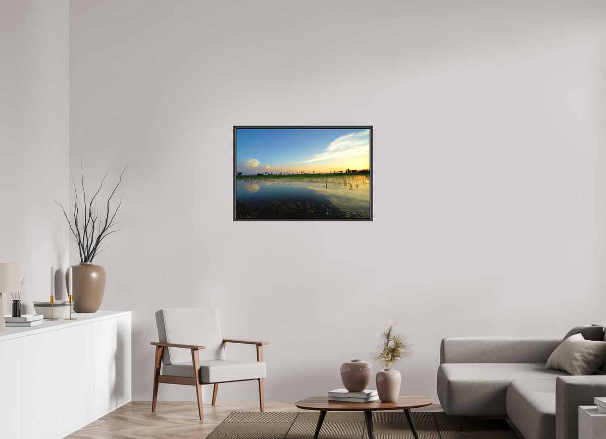 90 x 60 cm, Textile Print Canvas with 15 mm Width Gap Frame Rice Fields at Dusk