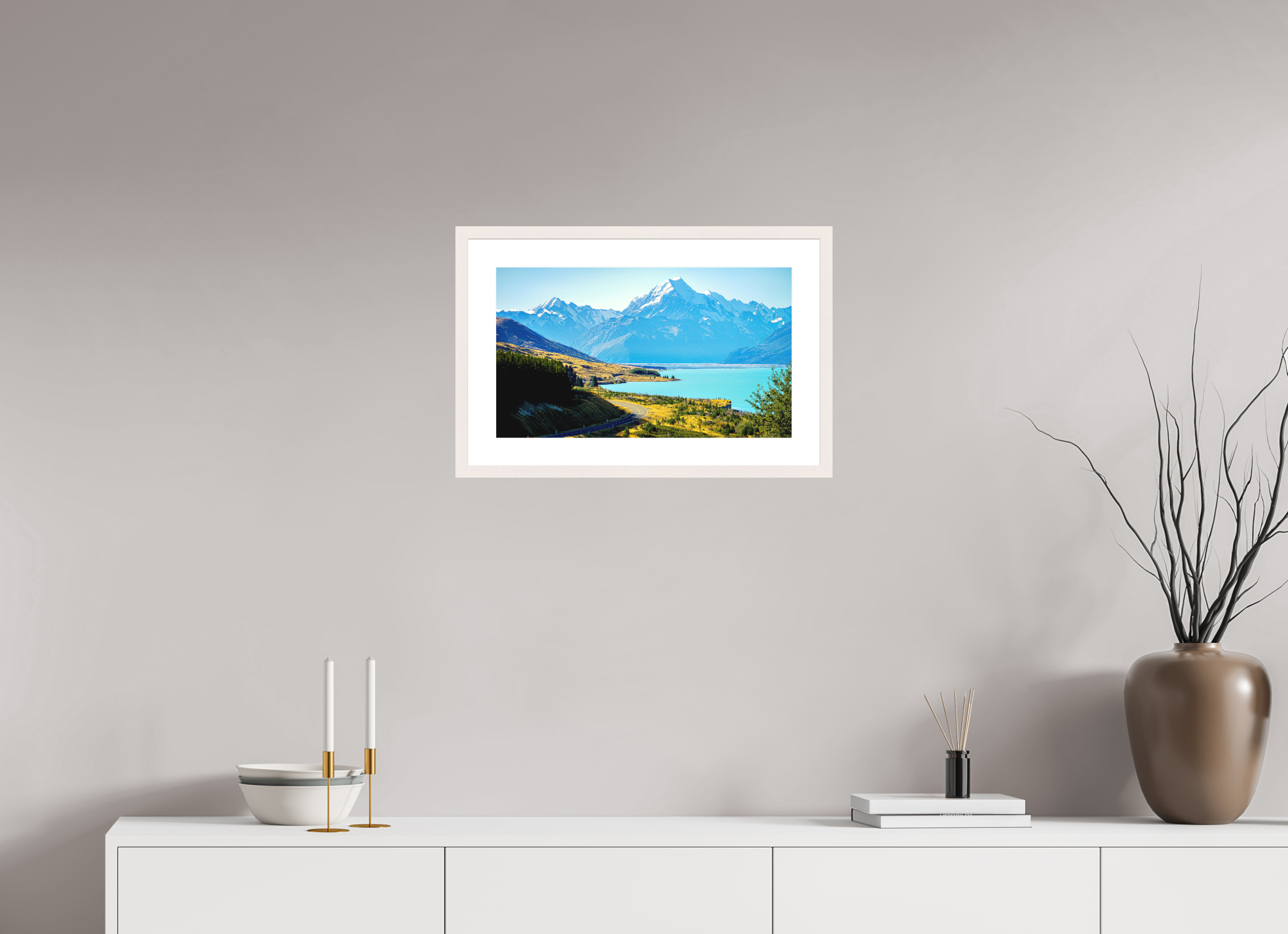 51.3 x 30 cm, Solid Wood Frame with Passe Partout Mount Cook Road - New Zealand
